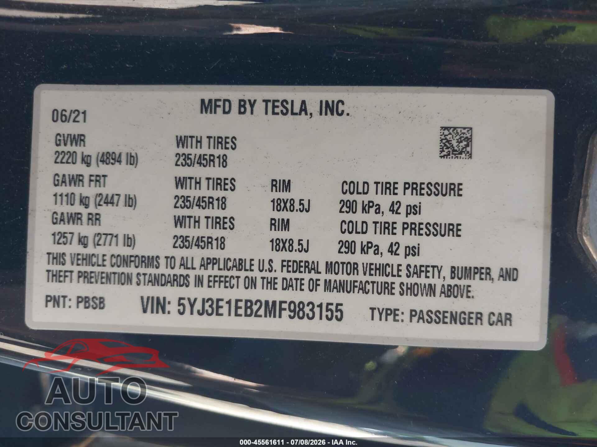 TESLA MODEL 3 2021 - 5YJ3E1EB2MF983155
