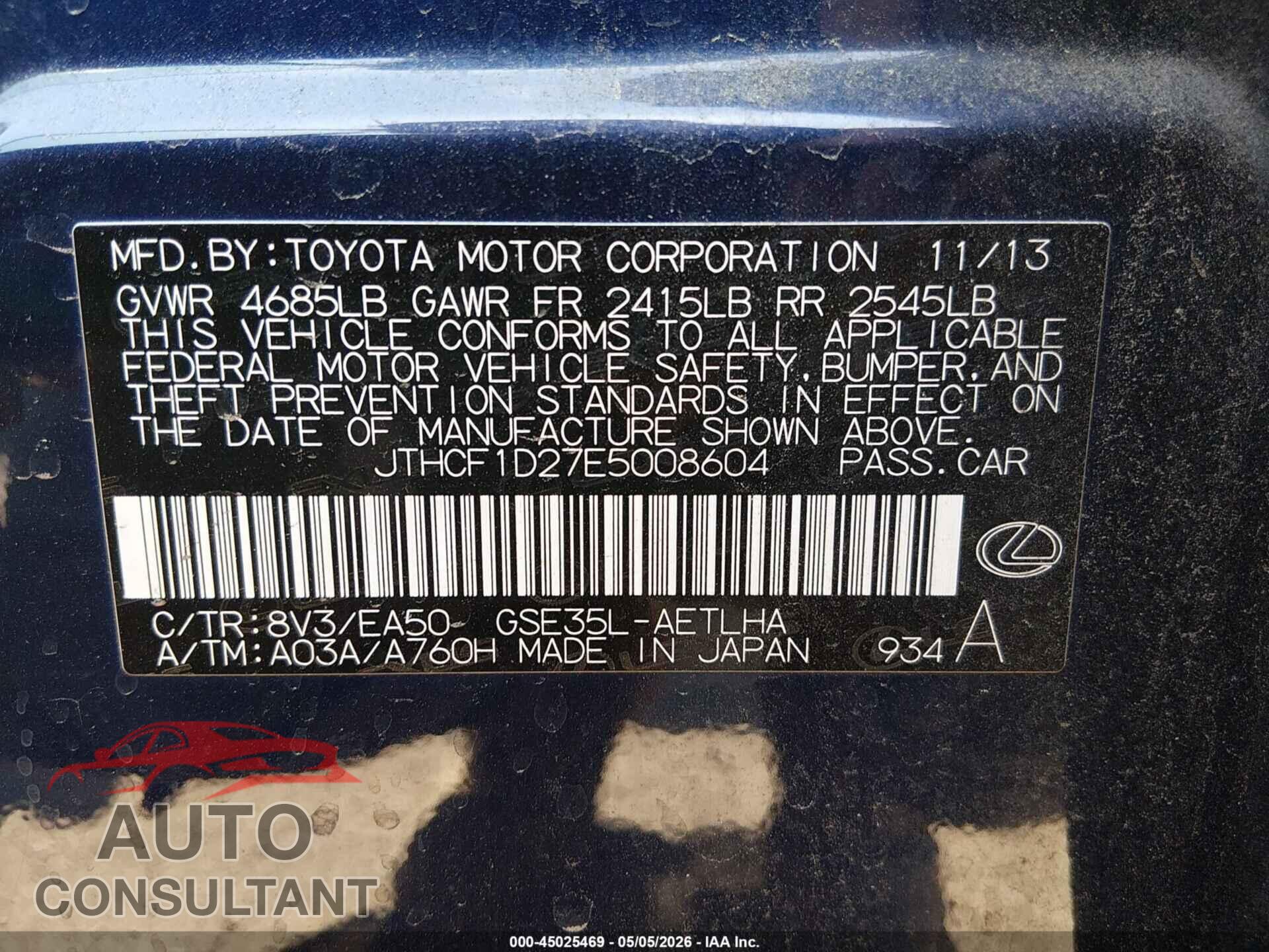 LEXUS IS 250 2014 - JTHCF1D27E5008604