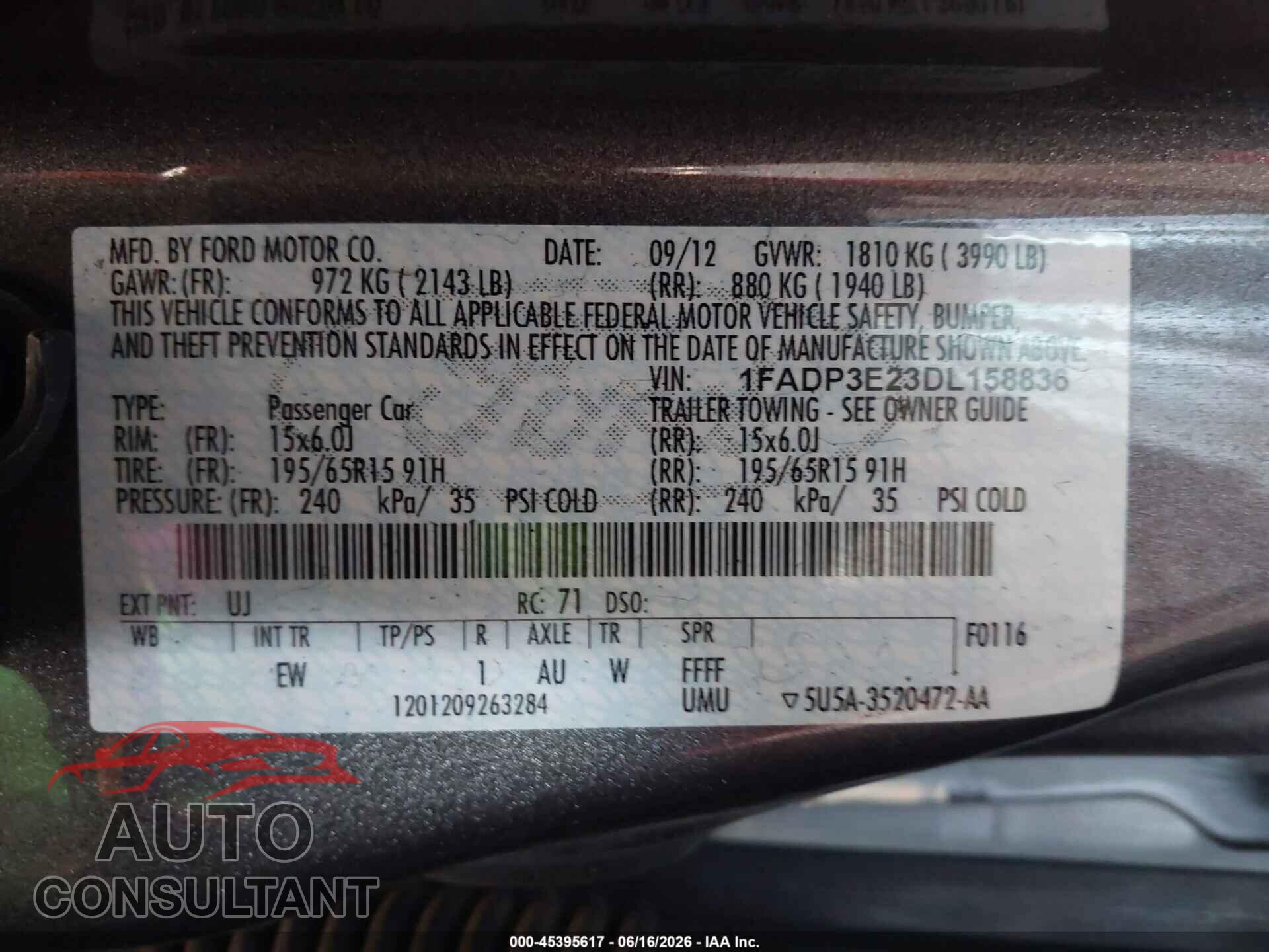 FORD FOCUS 2013 - 1FADP3E23DL158836