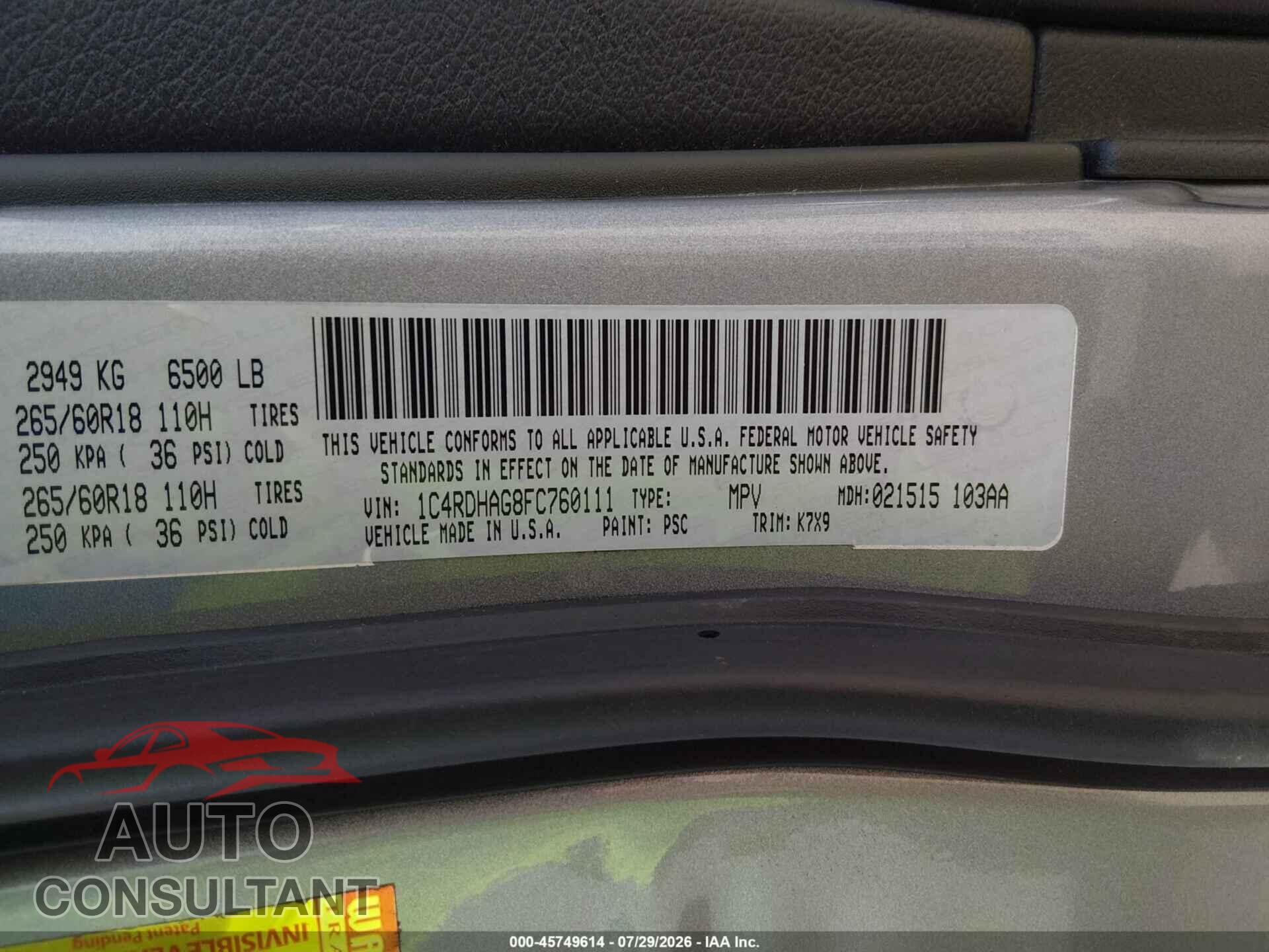 DODGE DURANGO 2015 - 1C4RDHAG8FC760111