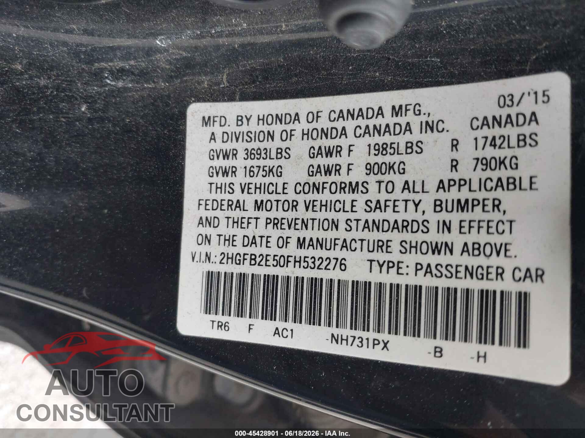 HONDA CIVIC 2015 - 2HGFB2E50FH532276