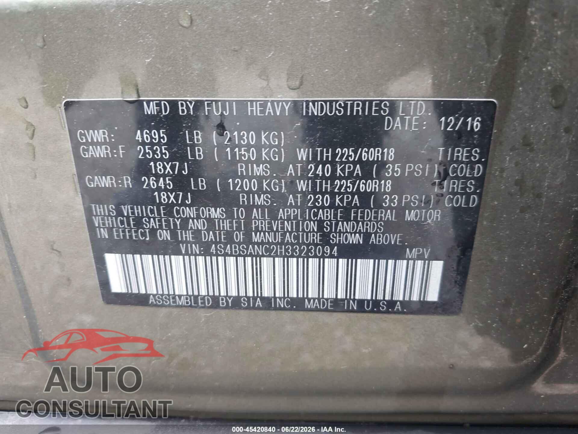 SUBARU OUTBACK 2017 - 4S4BSANC2H3323094