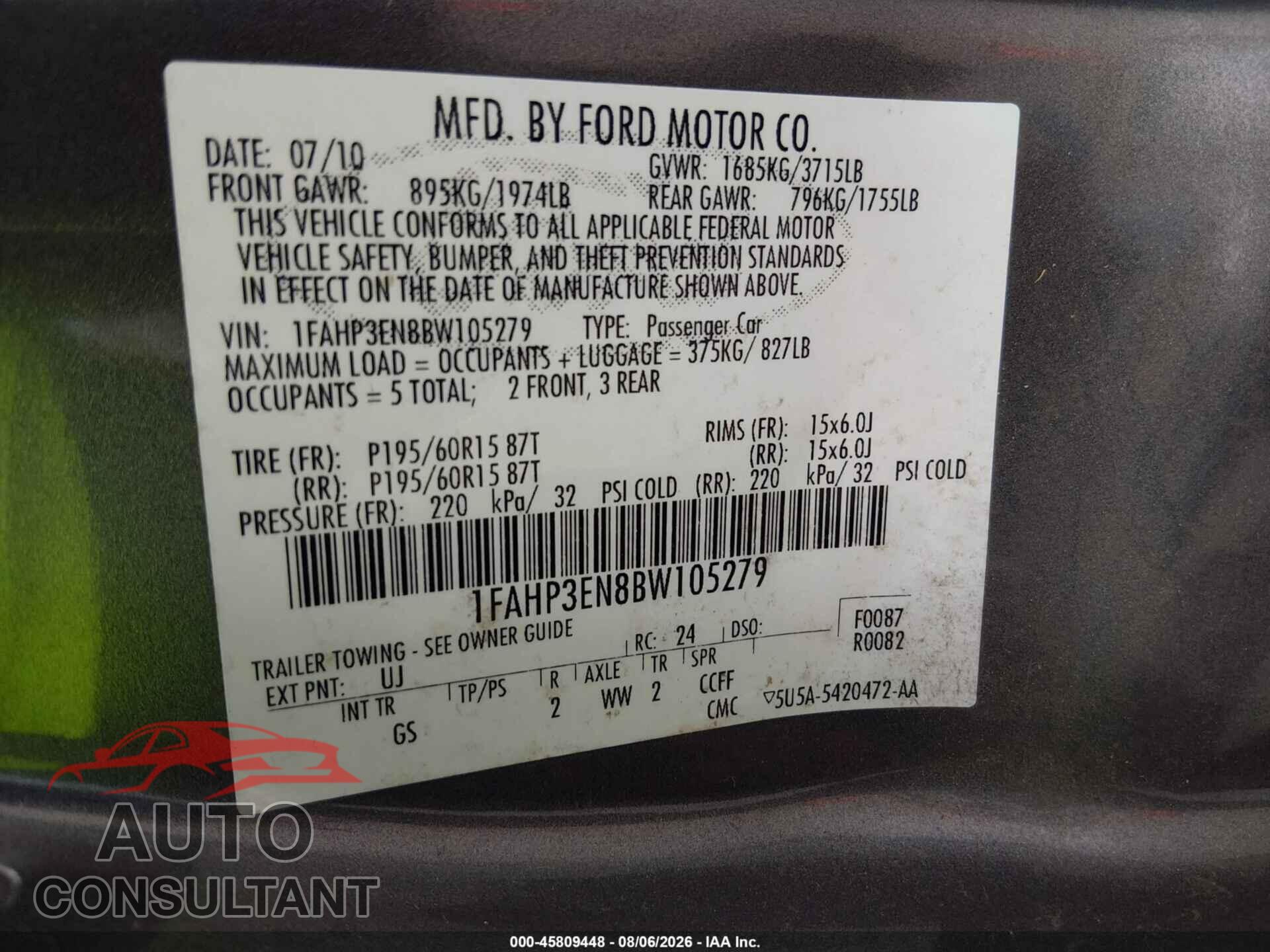 FORD FOCUS 2011 - 1FAHP3EN8BW105279