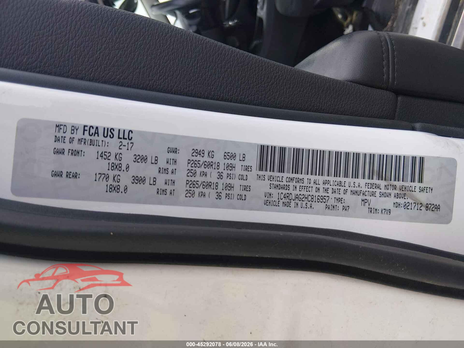 DODGE DURANGO 2017 - 1C4RDJAG2HC816957