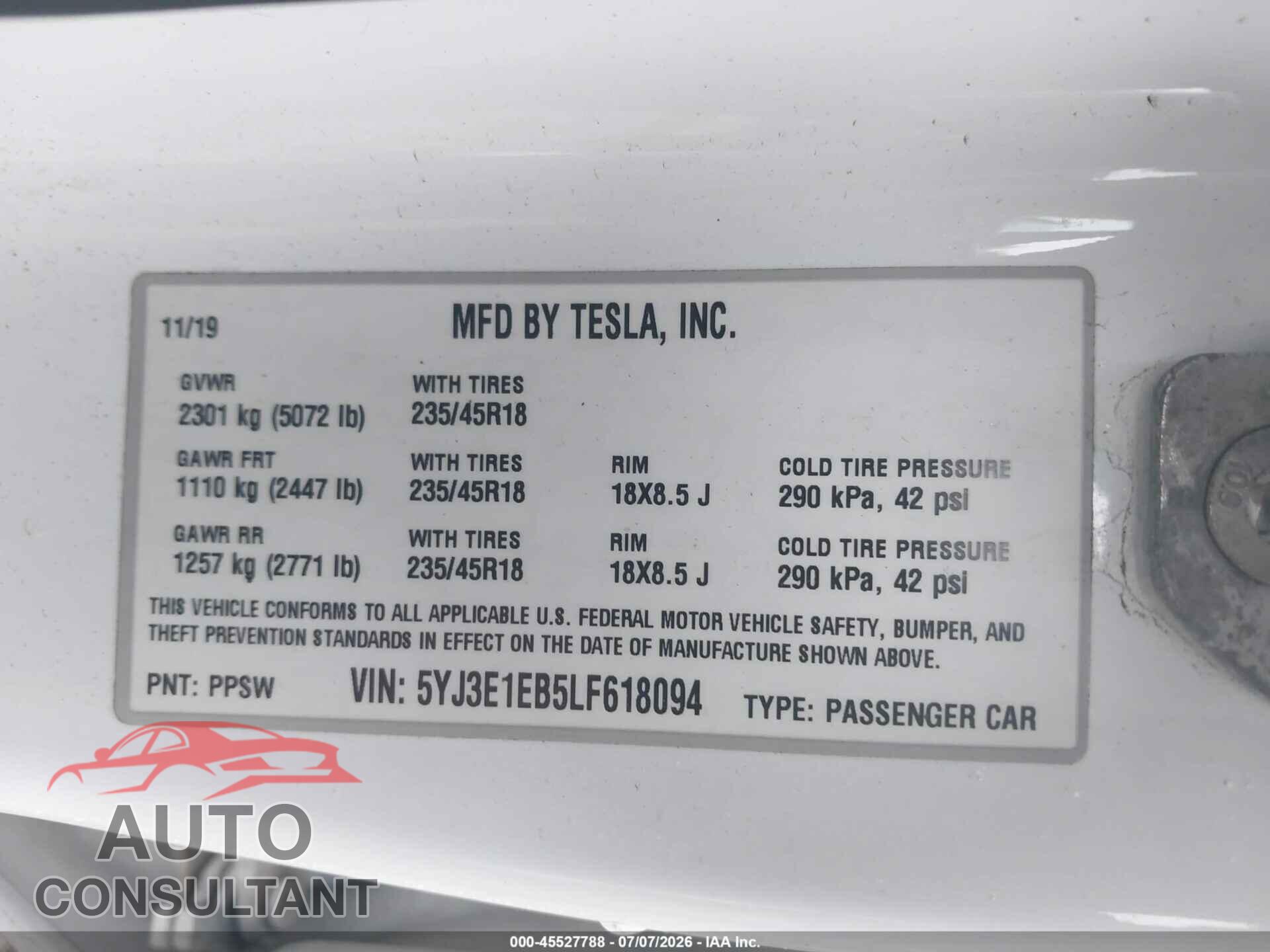 TESLA MODEL 3 2020 - 5YJ3E1EB5LF618094