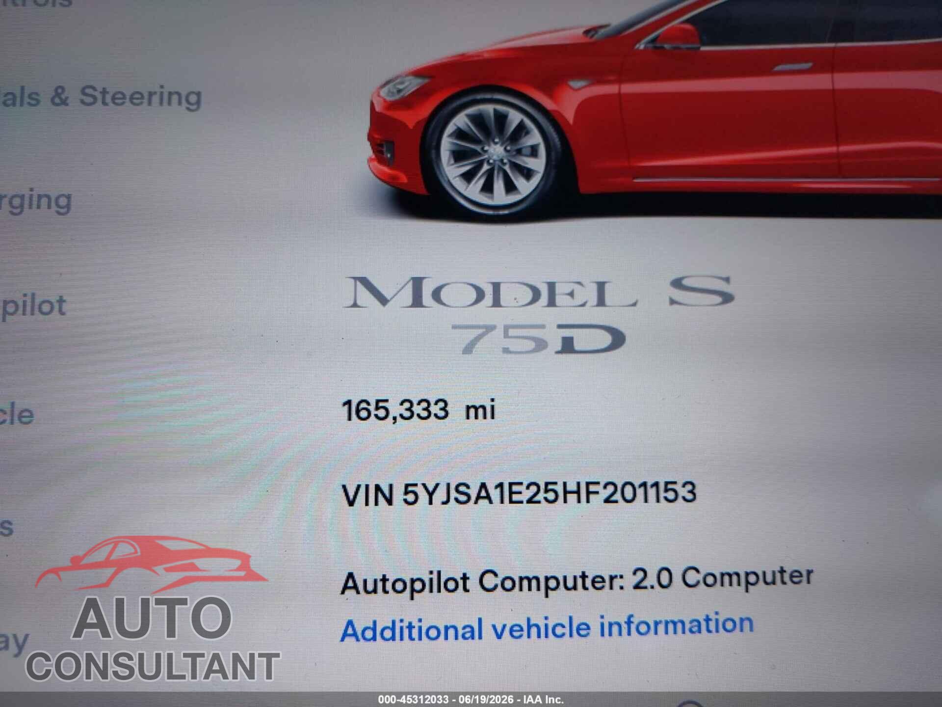 TESLA MODEL S 2017 - 5YJSA1E25HF201153