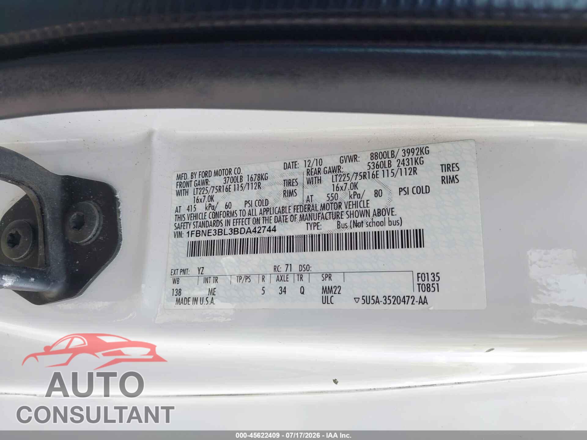 FORD E-350 SUPER DUTY 2011 - 1FBNE3BL3BDA42744