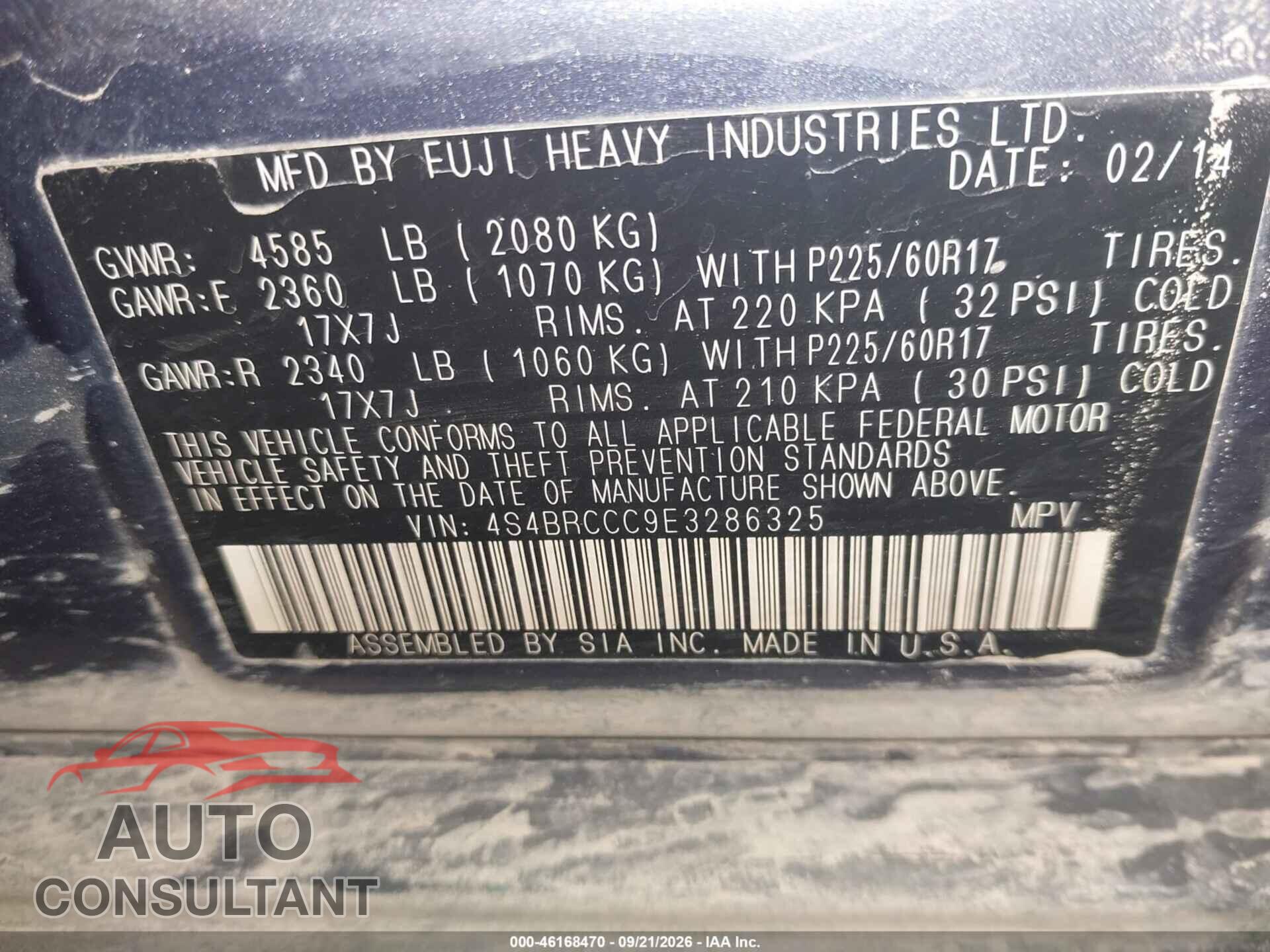 SUBARU OUTBACK 2014 - 4S4BRCCC9E3286325