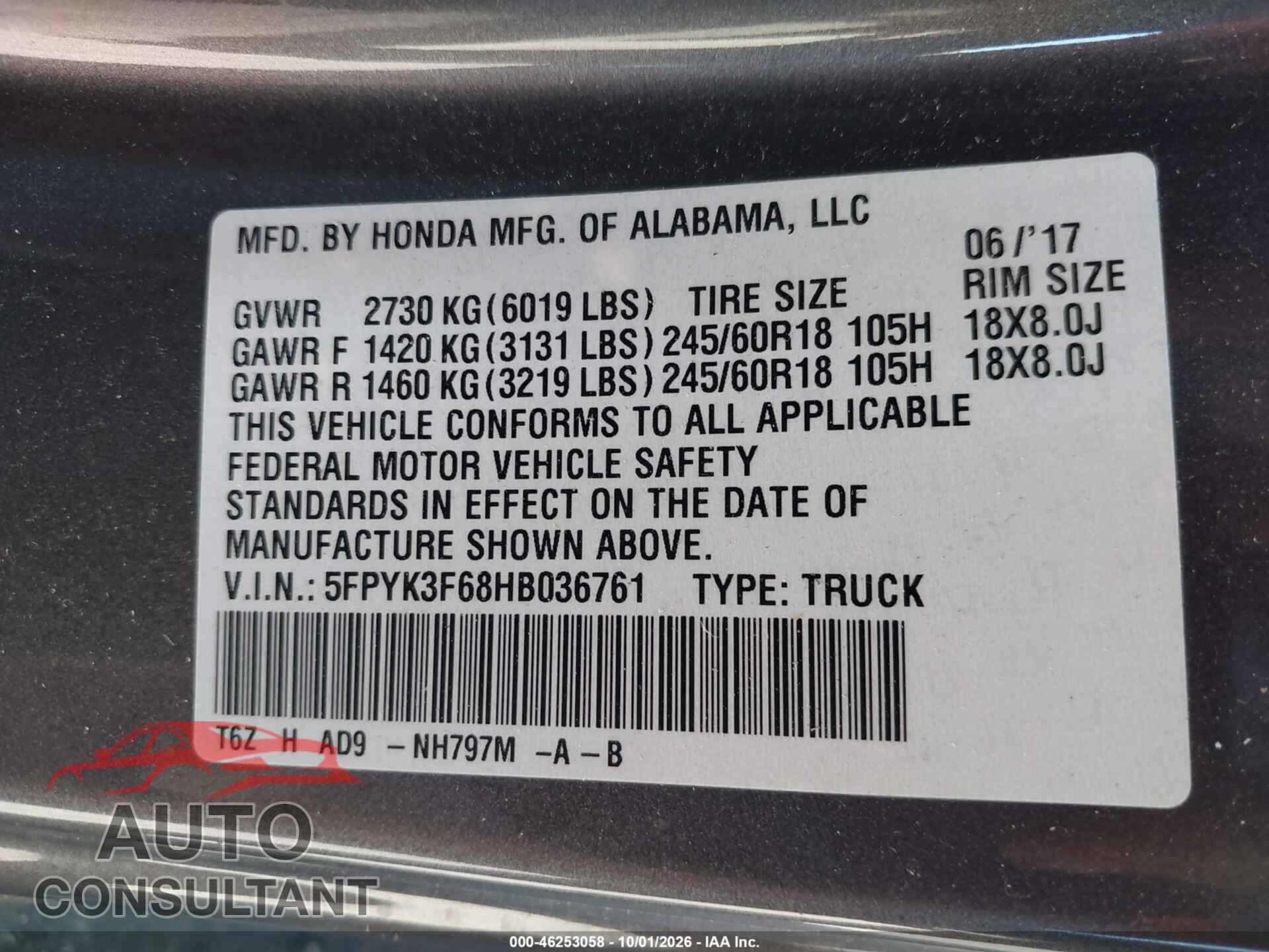 HONDA RIDGELINE 2017 - 5FPYK3F68HB036761