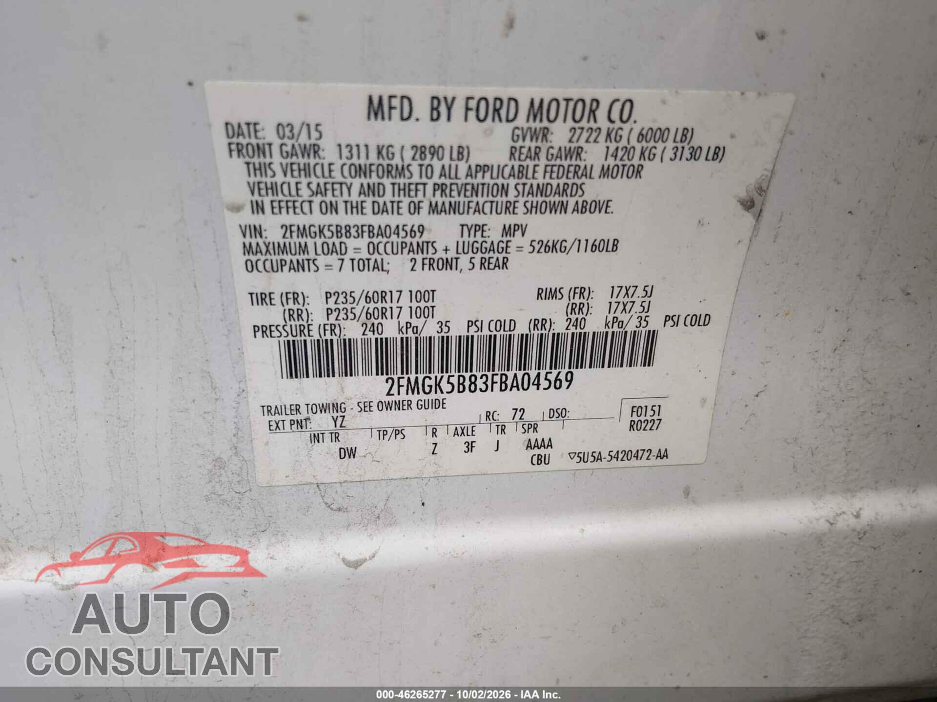FORD FLEX 2015 - 2FMGK5B83FBA04569