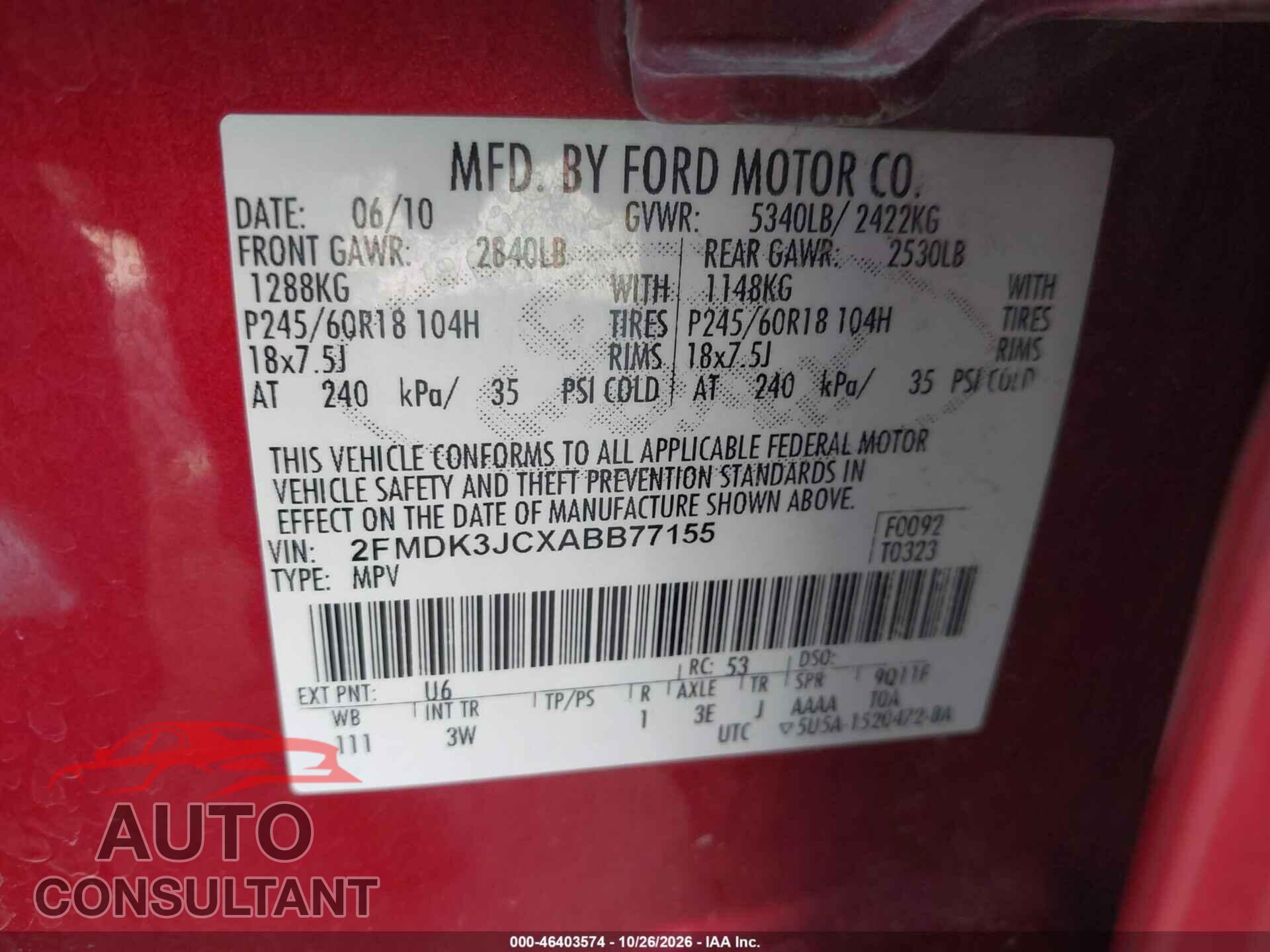 FORD EDGE 2010 - 2FMDK3JCXABB77155