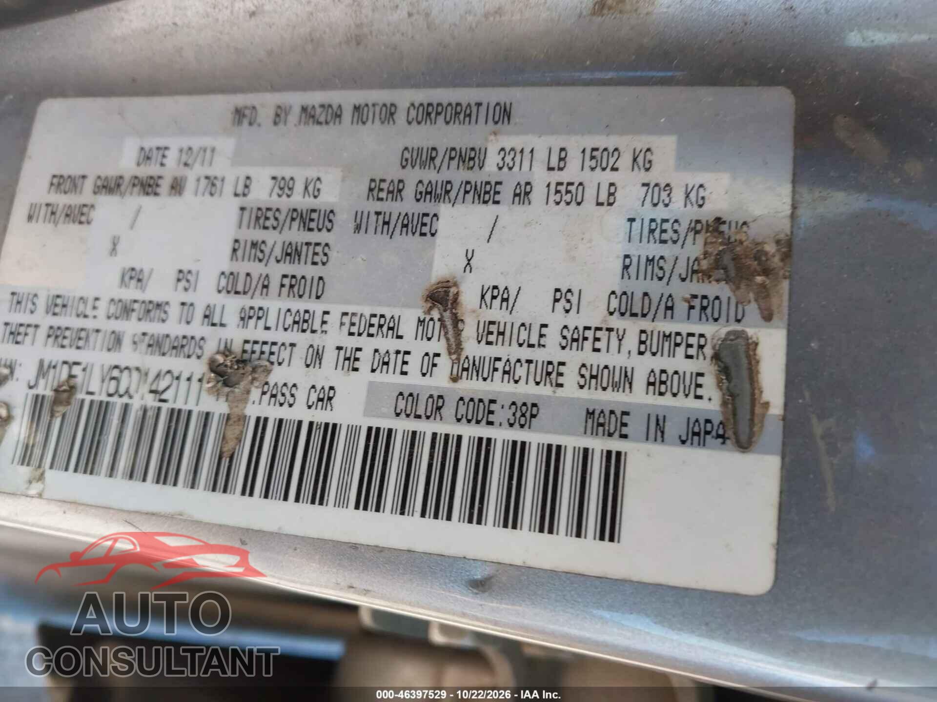 MAZDA MAZDA2 2012 - JM1DE1LY6C0142111