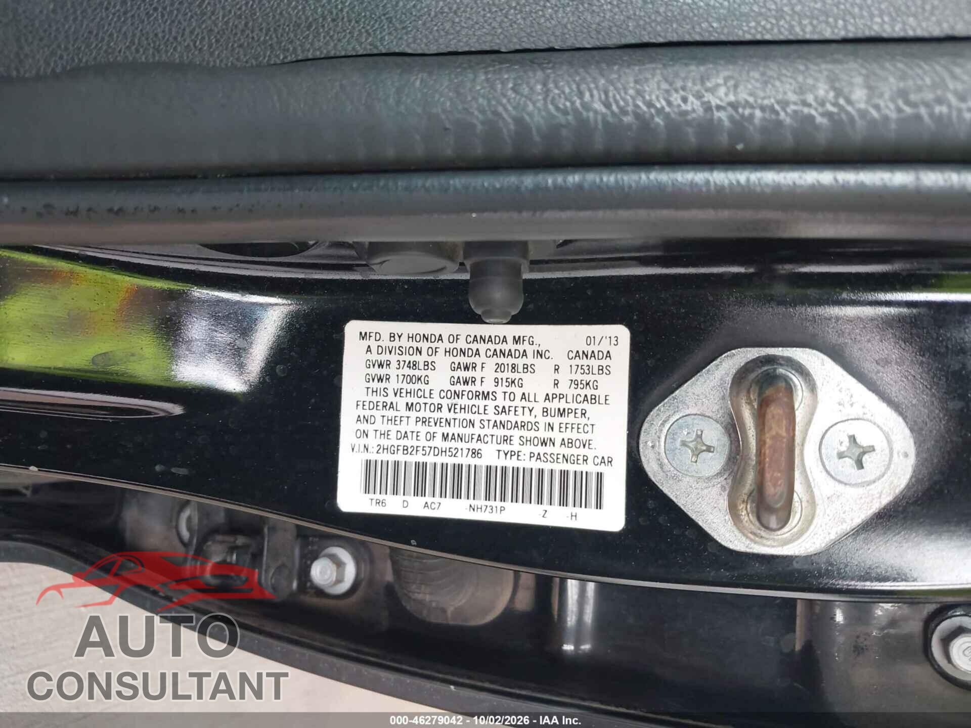 HONDA CIVIC 2013 - 2HGFB2F57DH521786