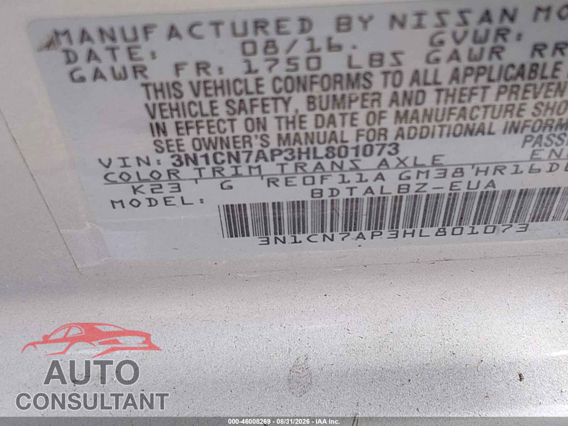 NISSAN VERSA 2017 - 3N1CN7AP3HL801073