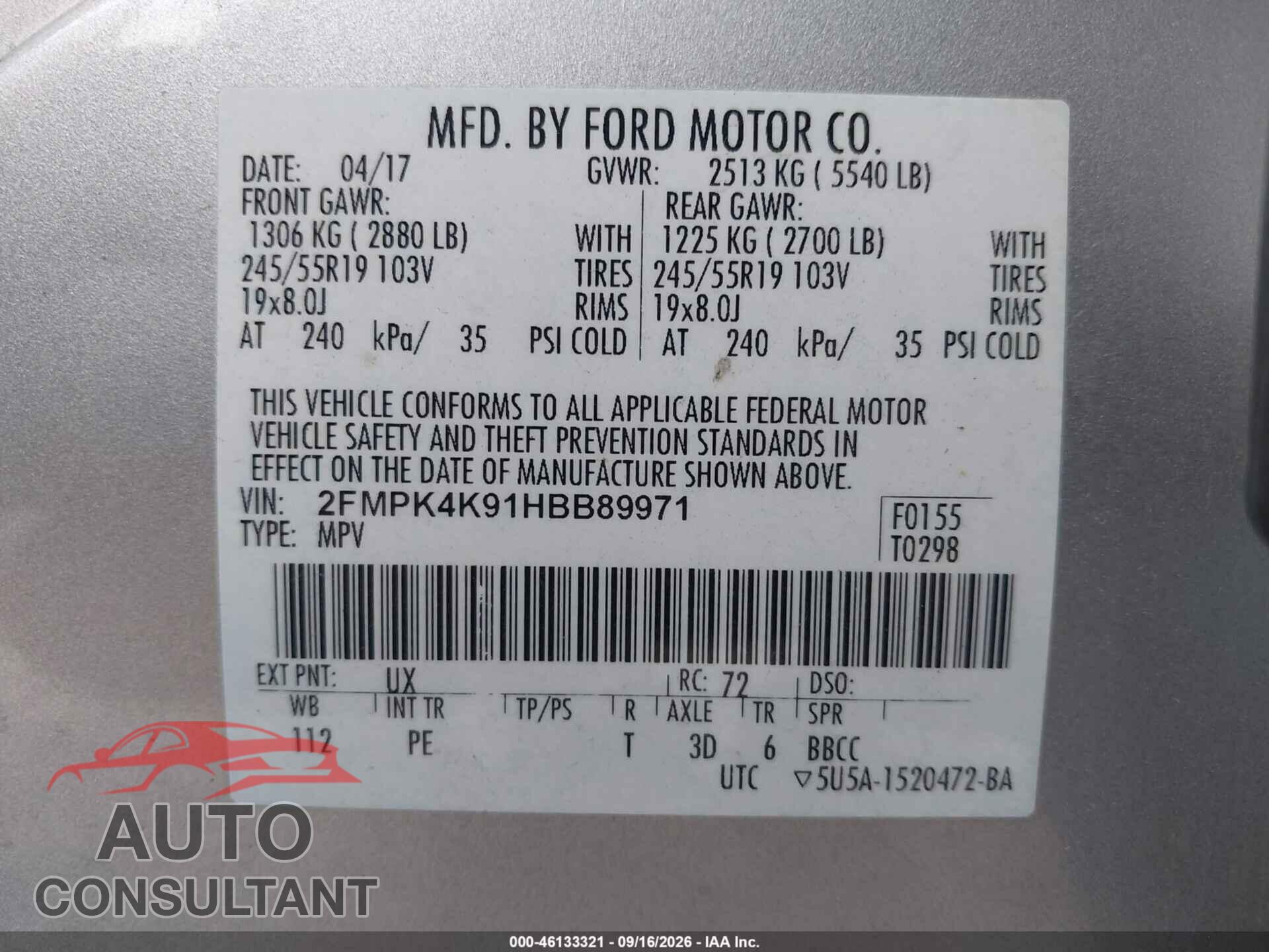 FORD EDGE 2017 - 2FMPK4K91HBB89971