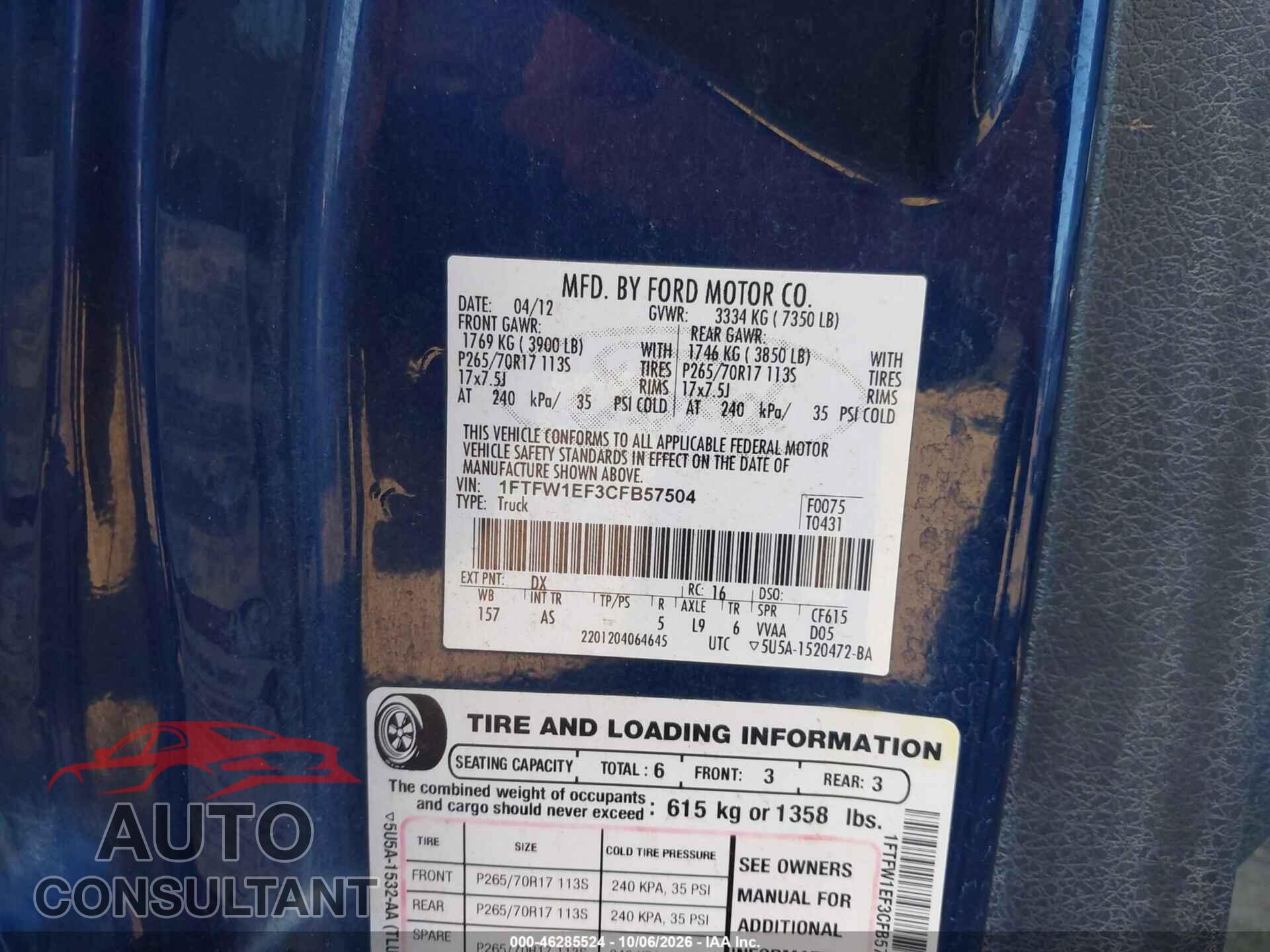 FORD F-150 2012 - 1FTFW1EF3CFB57504
