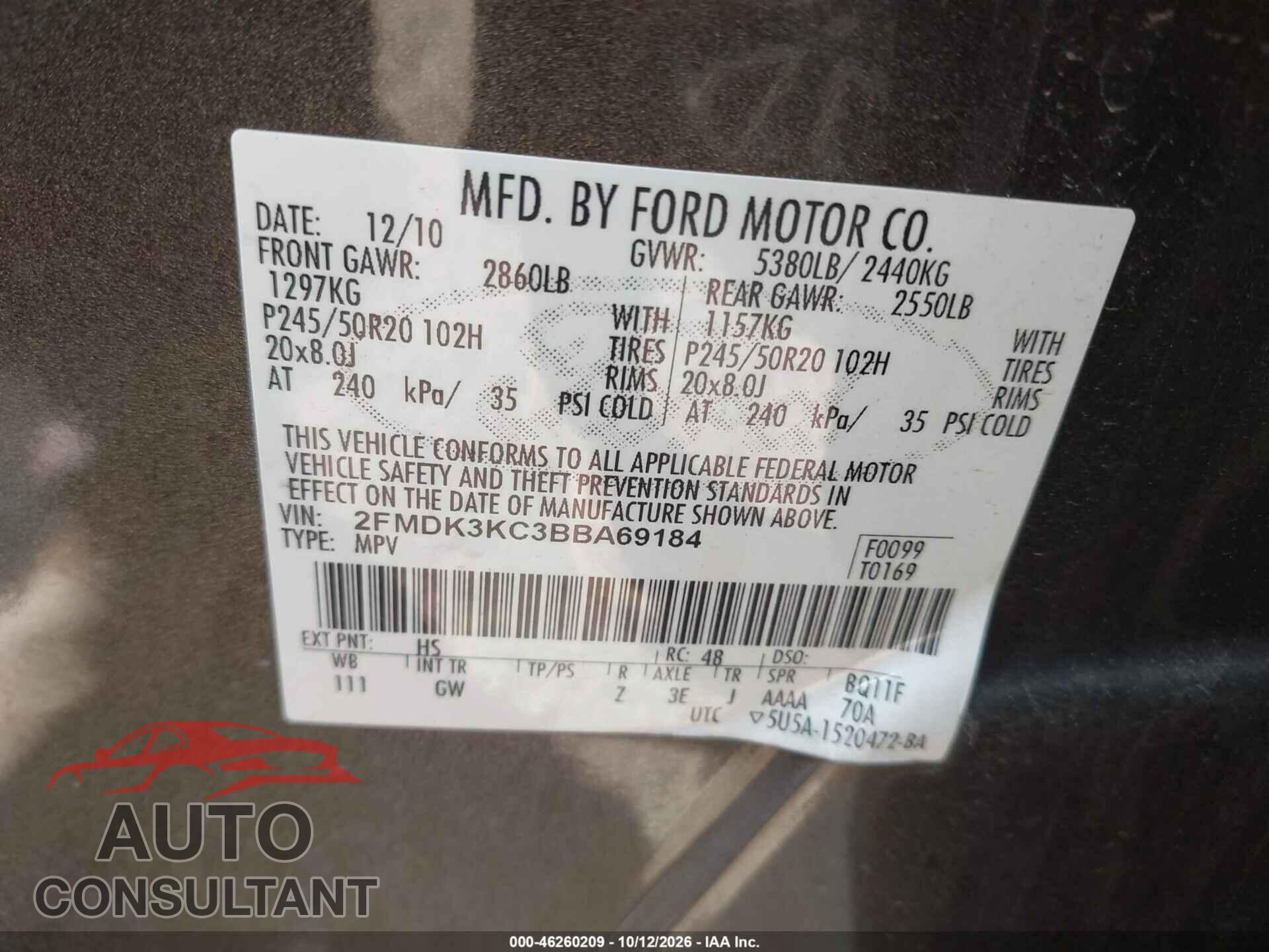 FORD EDGE 2011 - 2FMDK3KC3BBA69184