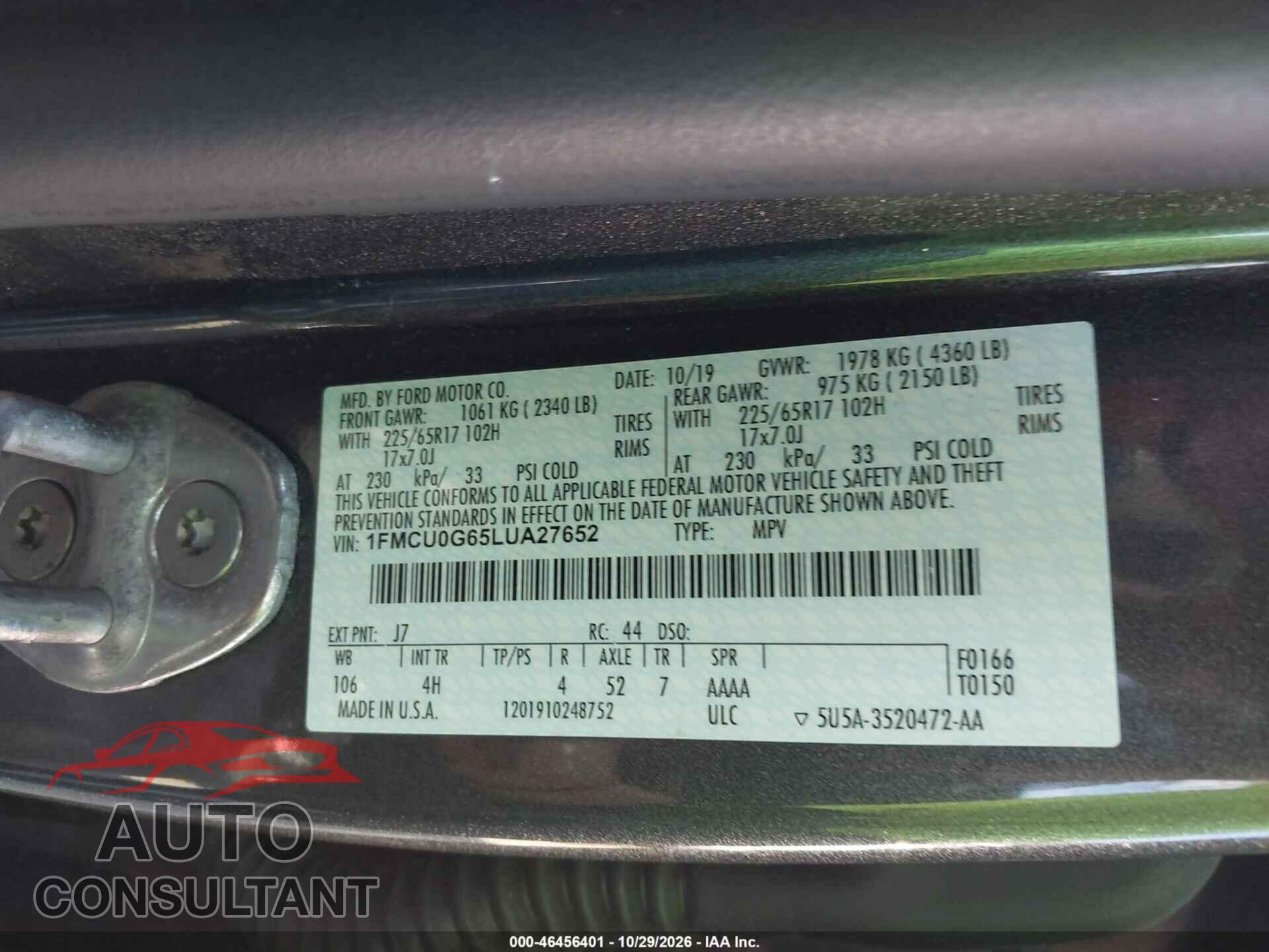 FORD ESCAPE 2020 - 1FMCU0G65LUA27652