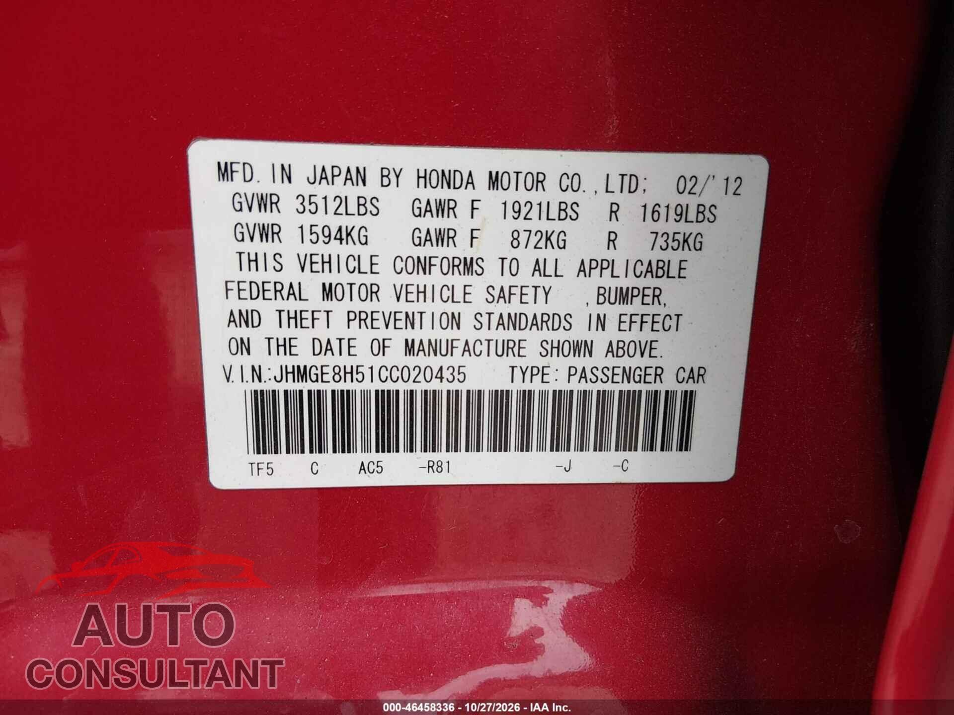 HONDA FIT 2012 - JHMGE8H51CC020435