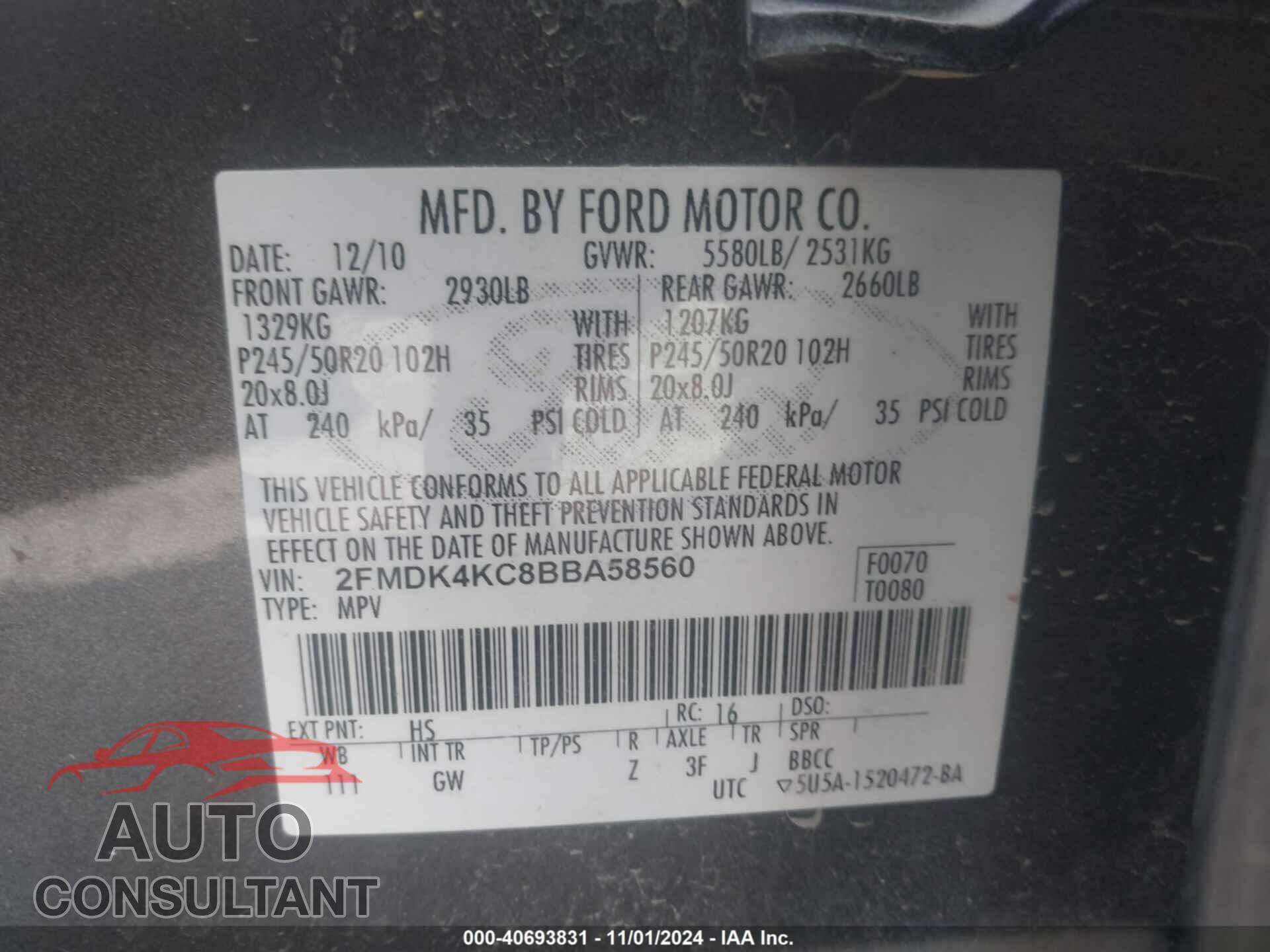 FORD EDGE 2011 - 2FMDK4KC8BBA58560