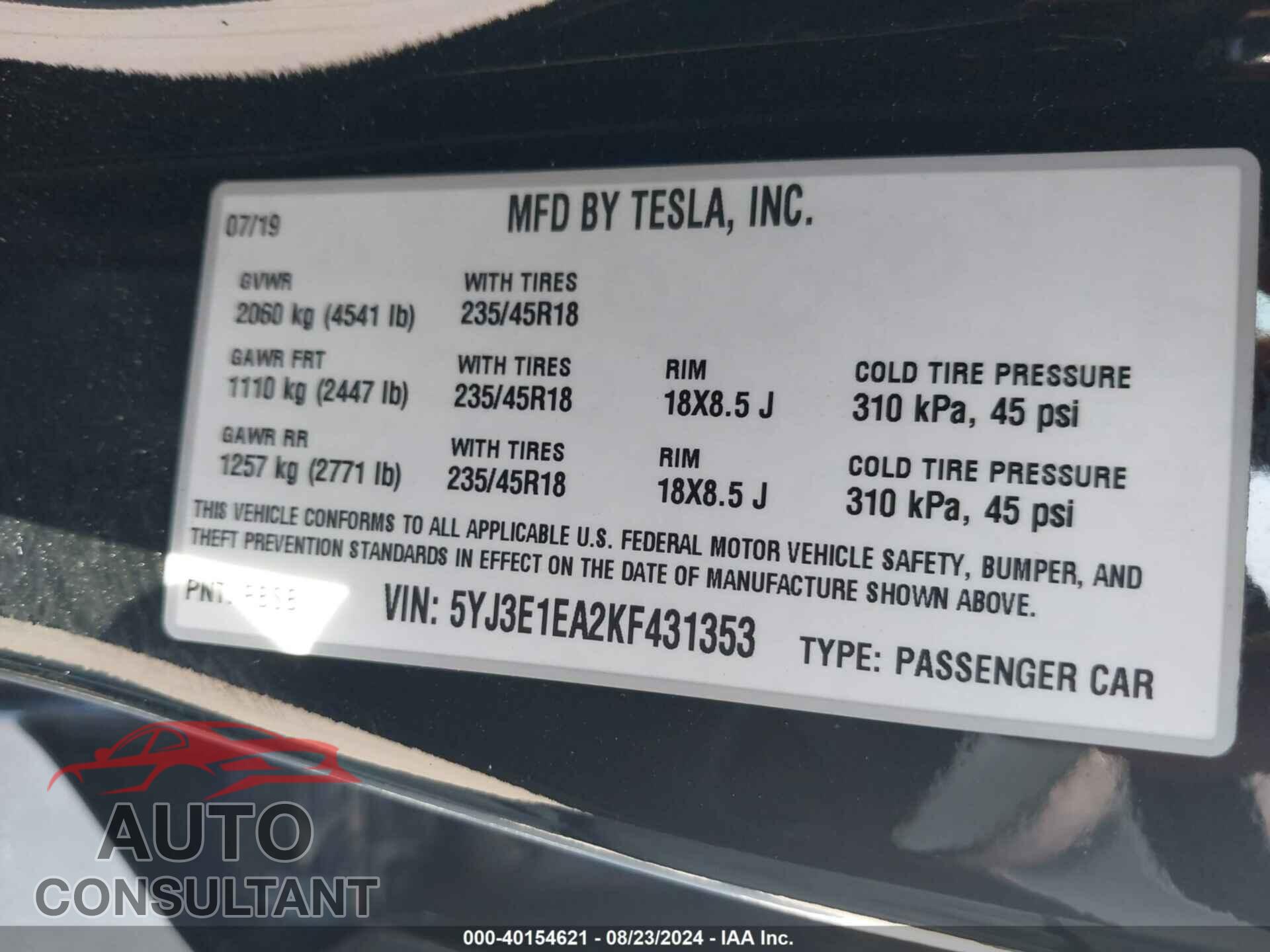 TESLA MODEL 3 2019 - 5YJ3E1EA2KF431353