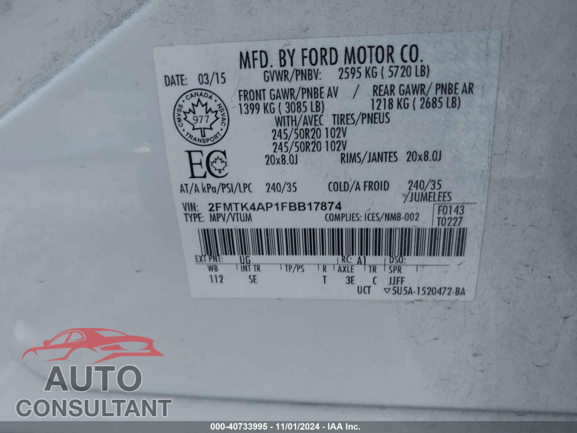 FORD EDGE 2015 - 2FMTK4AP1FBB17874