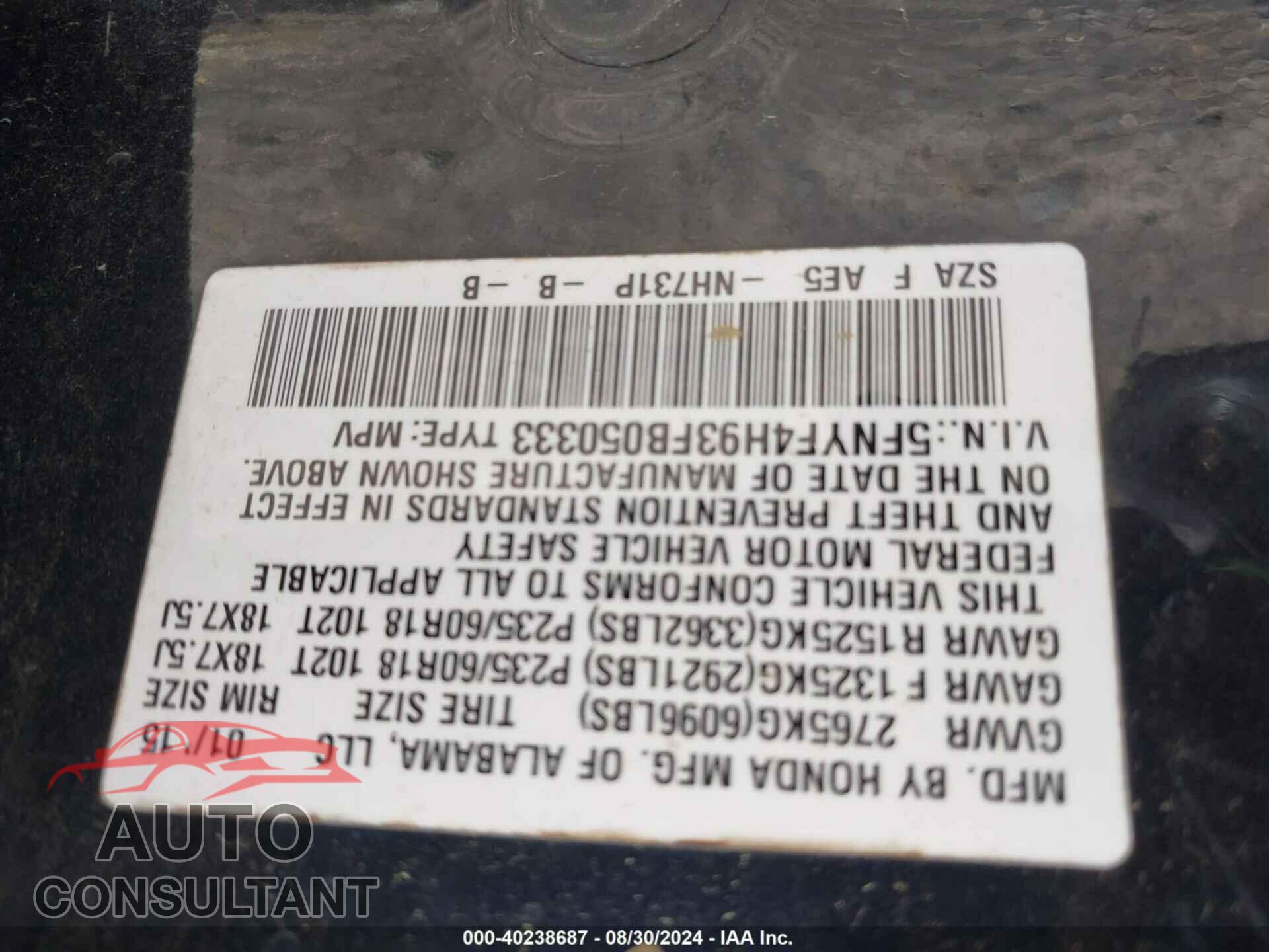 HONDA PILOT 2015 - 5FNYF4H93FB050333