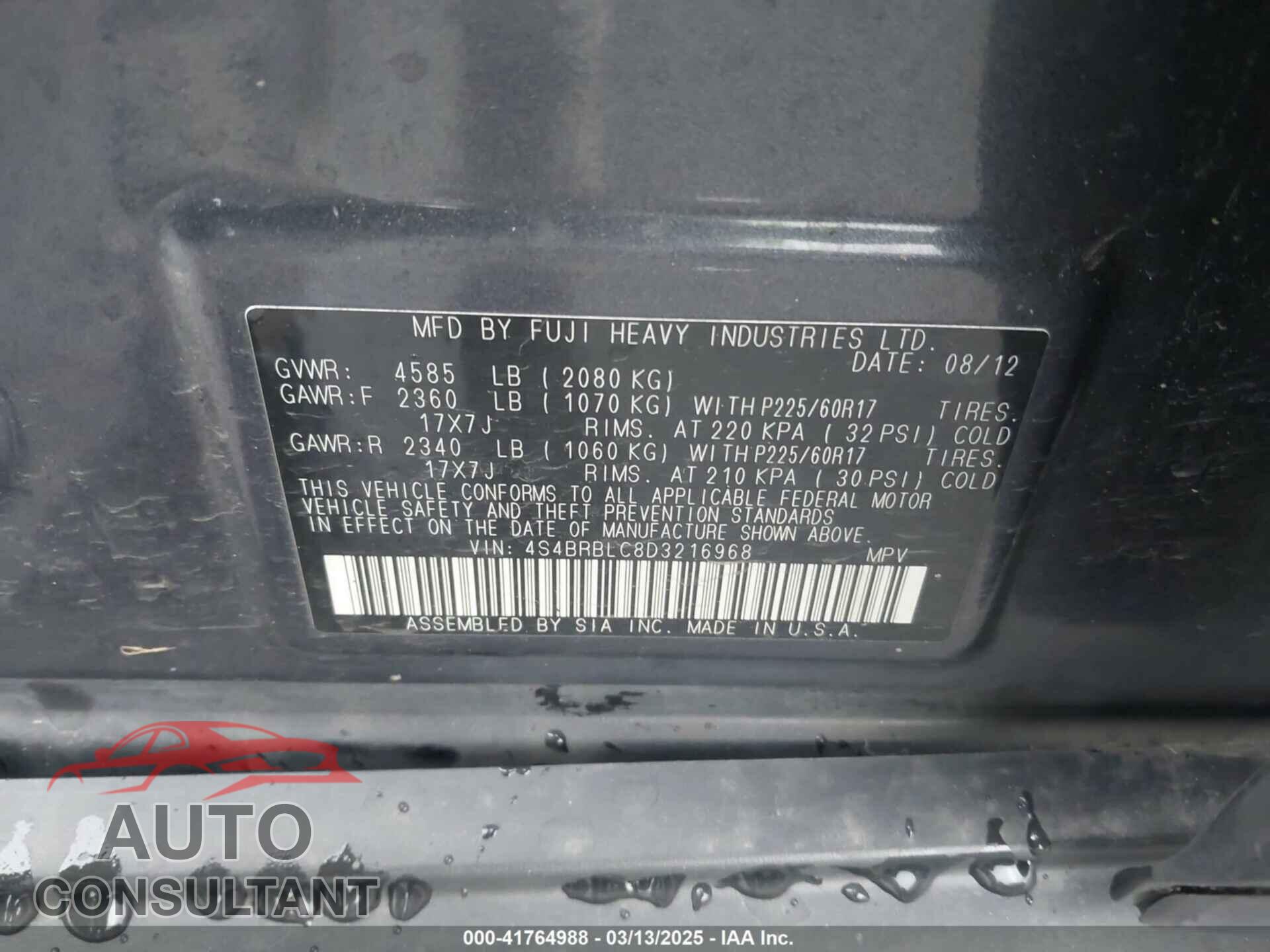 SUBARU OUTBACK 2013 - 4S4BRBLC8D3216968
