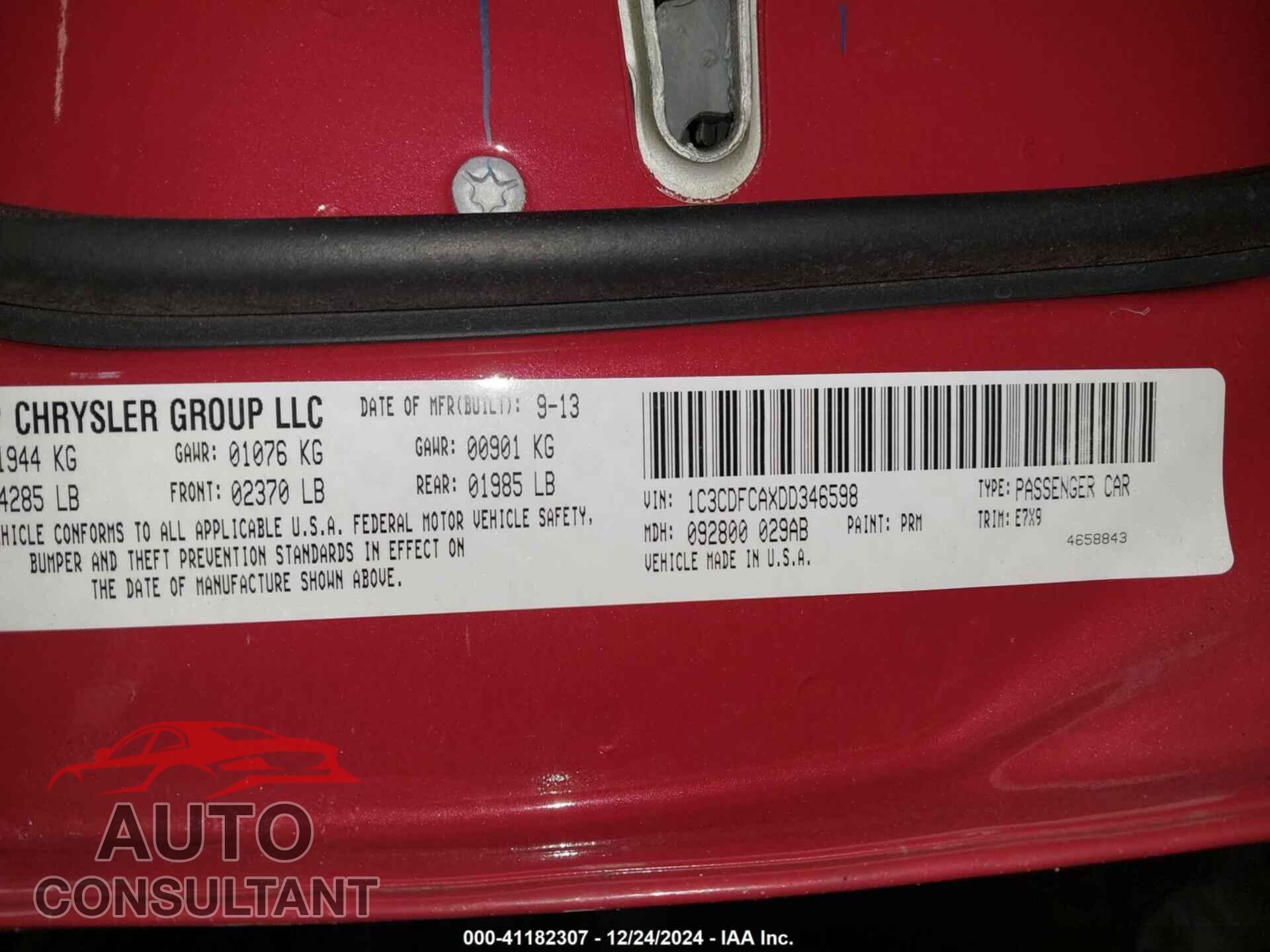 DODGE DART 2013 - 1C3CDFCAXDD346598