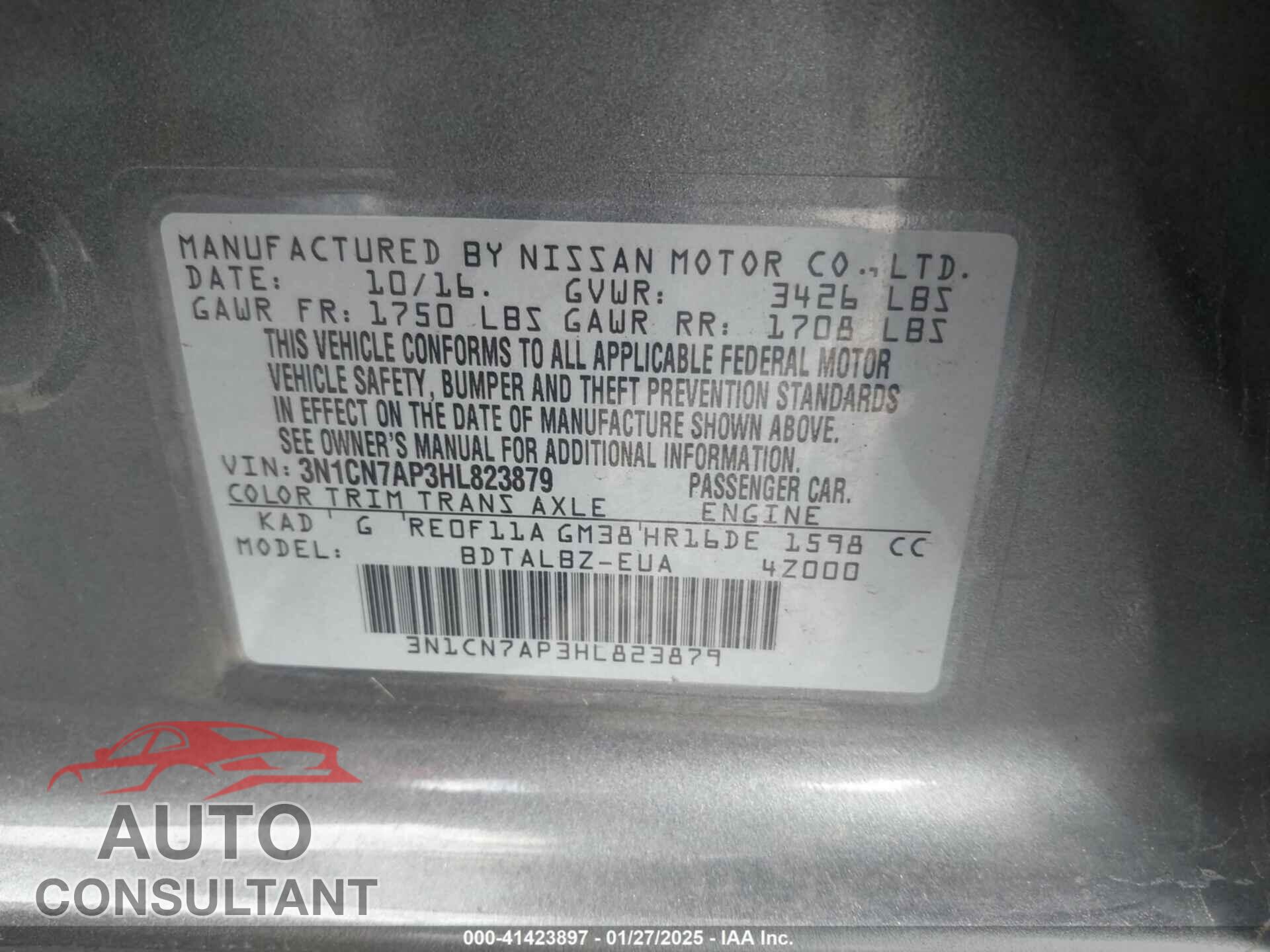 NISSAN VERSA 2017 - 3N1CN7AP3HL823879