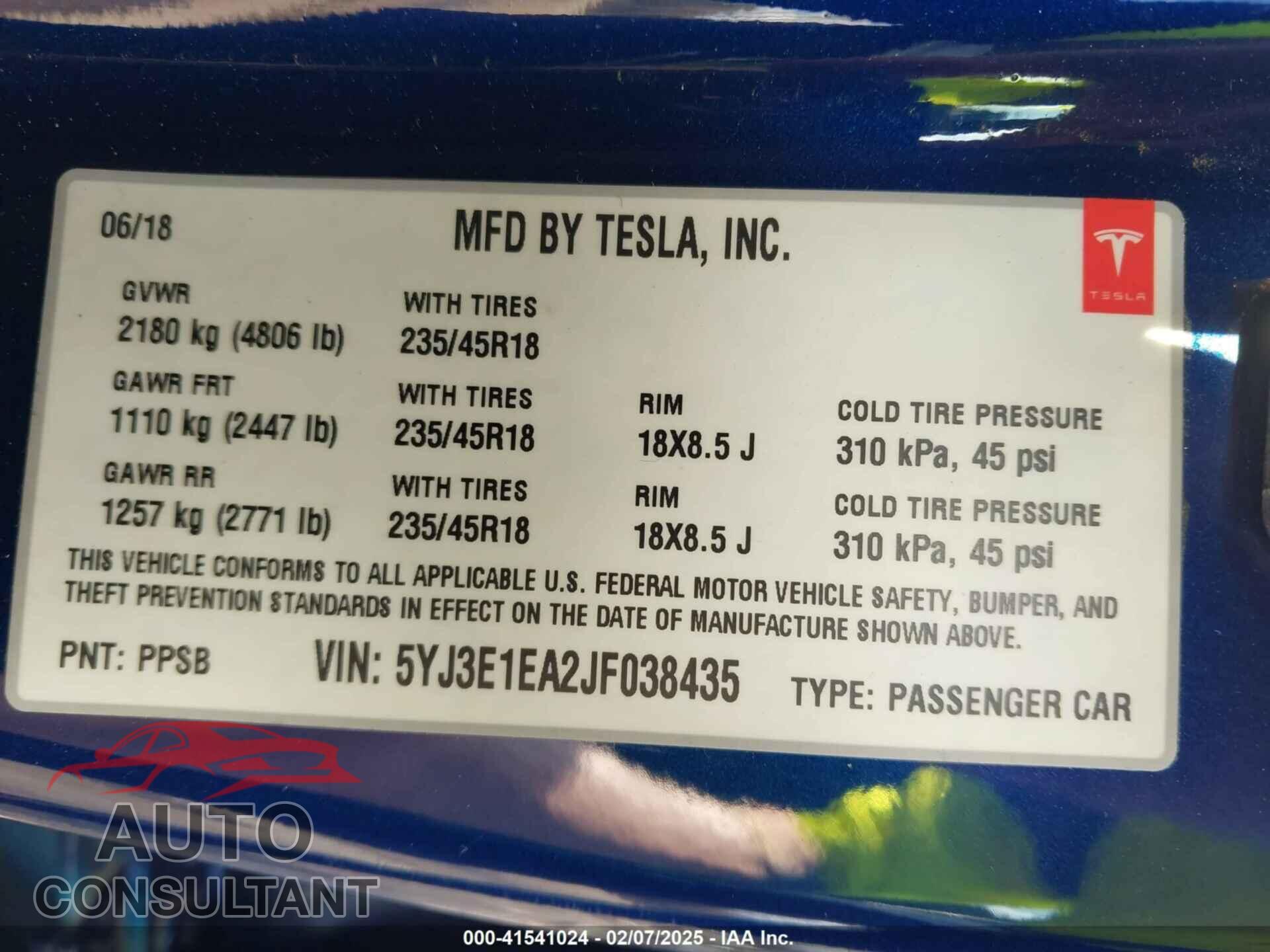 TESLA MODEL 3 2018 - 5YJ3E1EA2JF038435