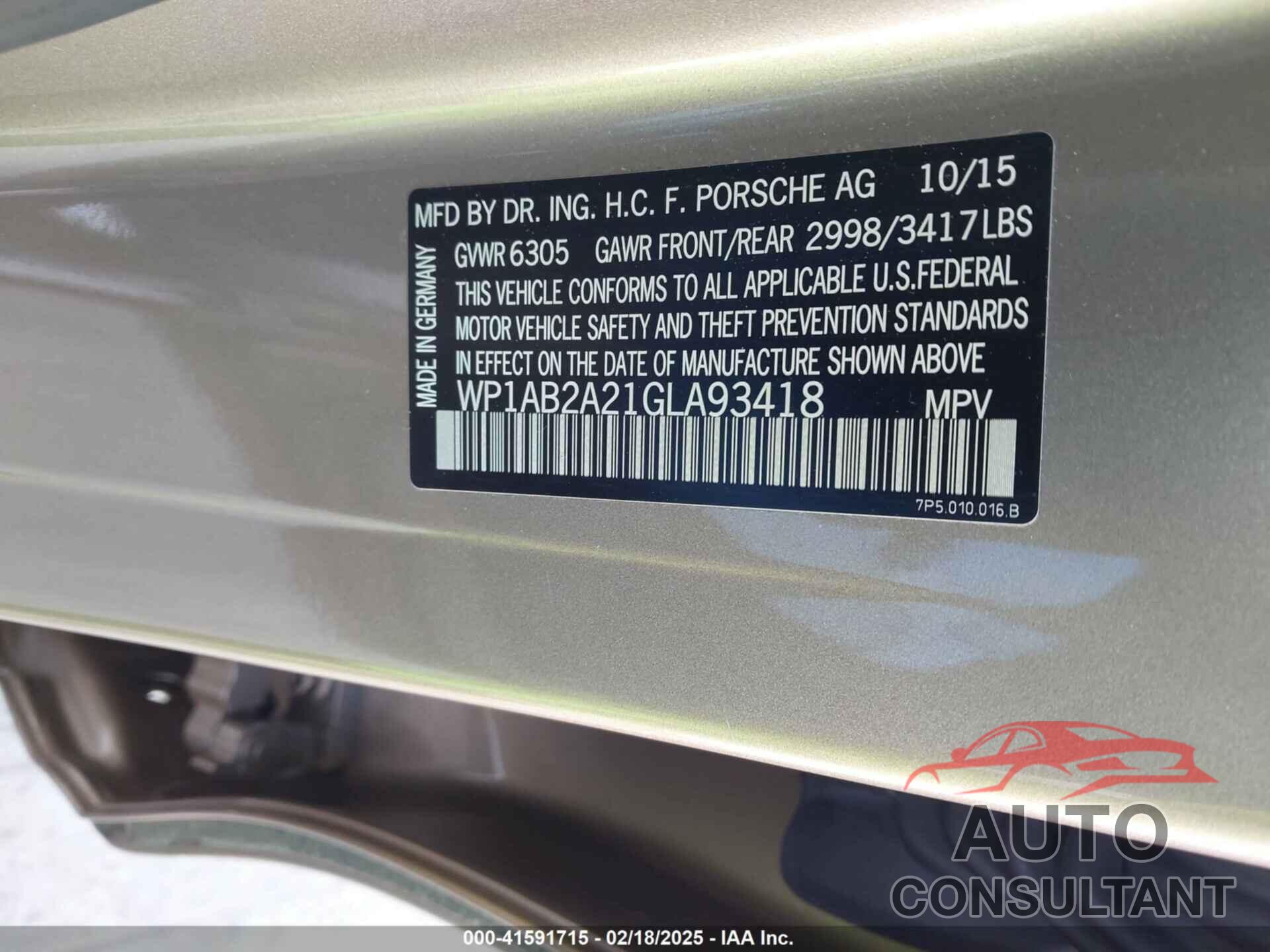 PORSCHE CAYENNE 2016 - WP1AB2A21GLA93418