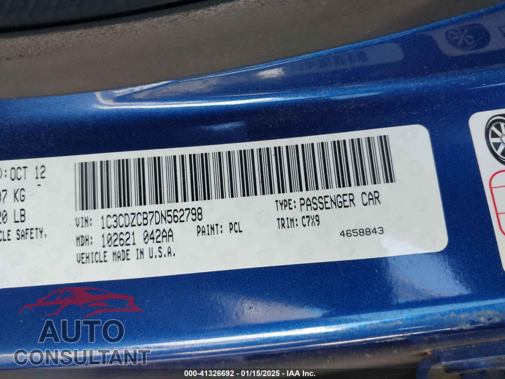 DODGE AVENGER 2013 - 1C3CDZCB7DN562798