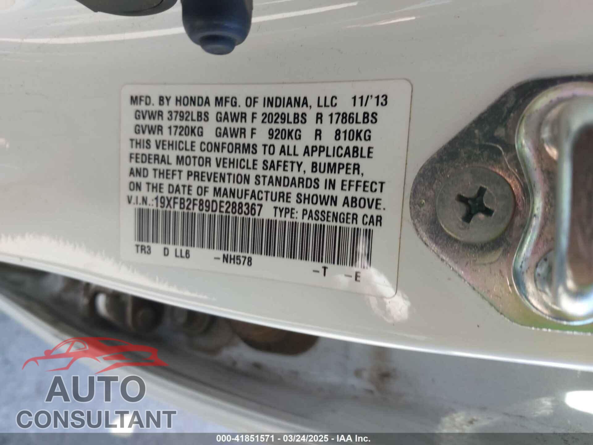 HONDA CIVIC 2013 - 19XFB2F89DE288367