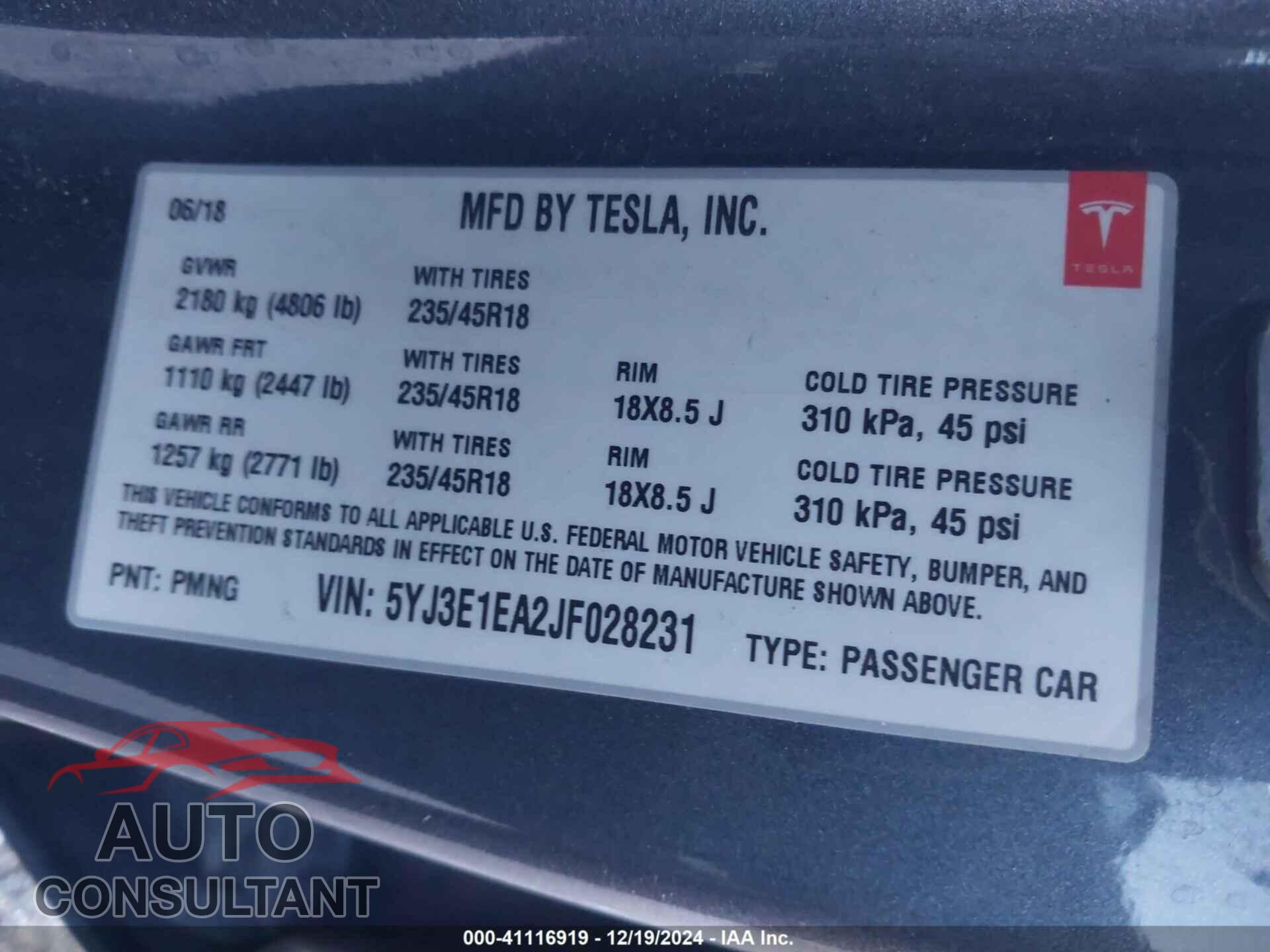 TESLA MODEL 3 2018 - 5YJ3E1EA2JF028231