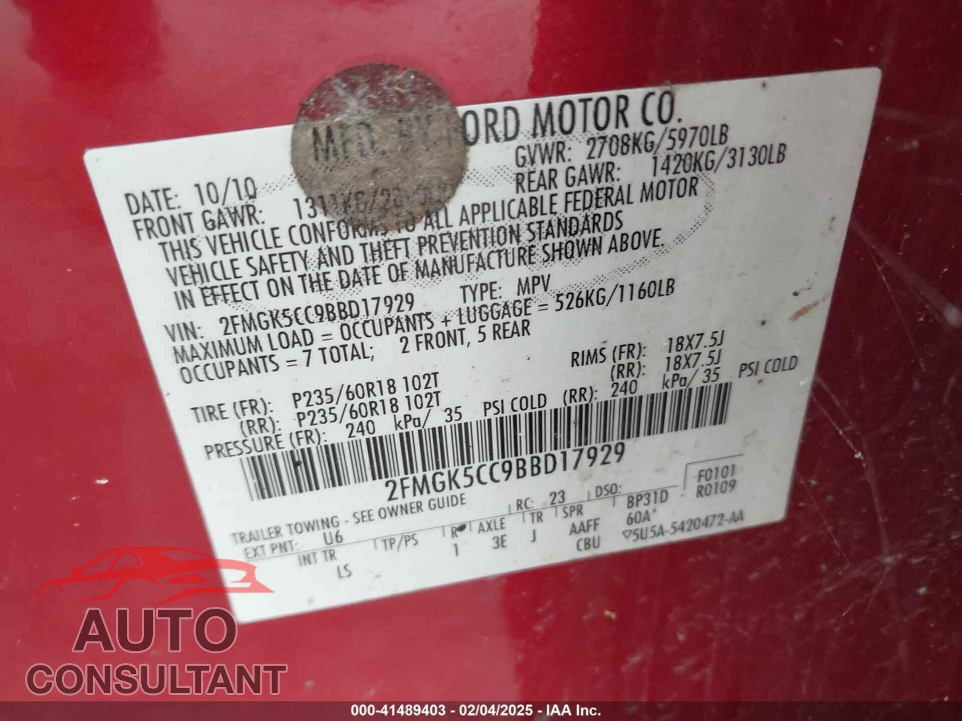 FORD FLEX 2011 - 2FMGK5CC9BBD17929