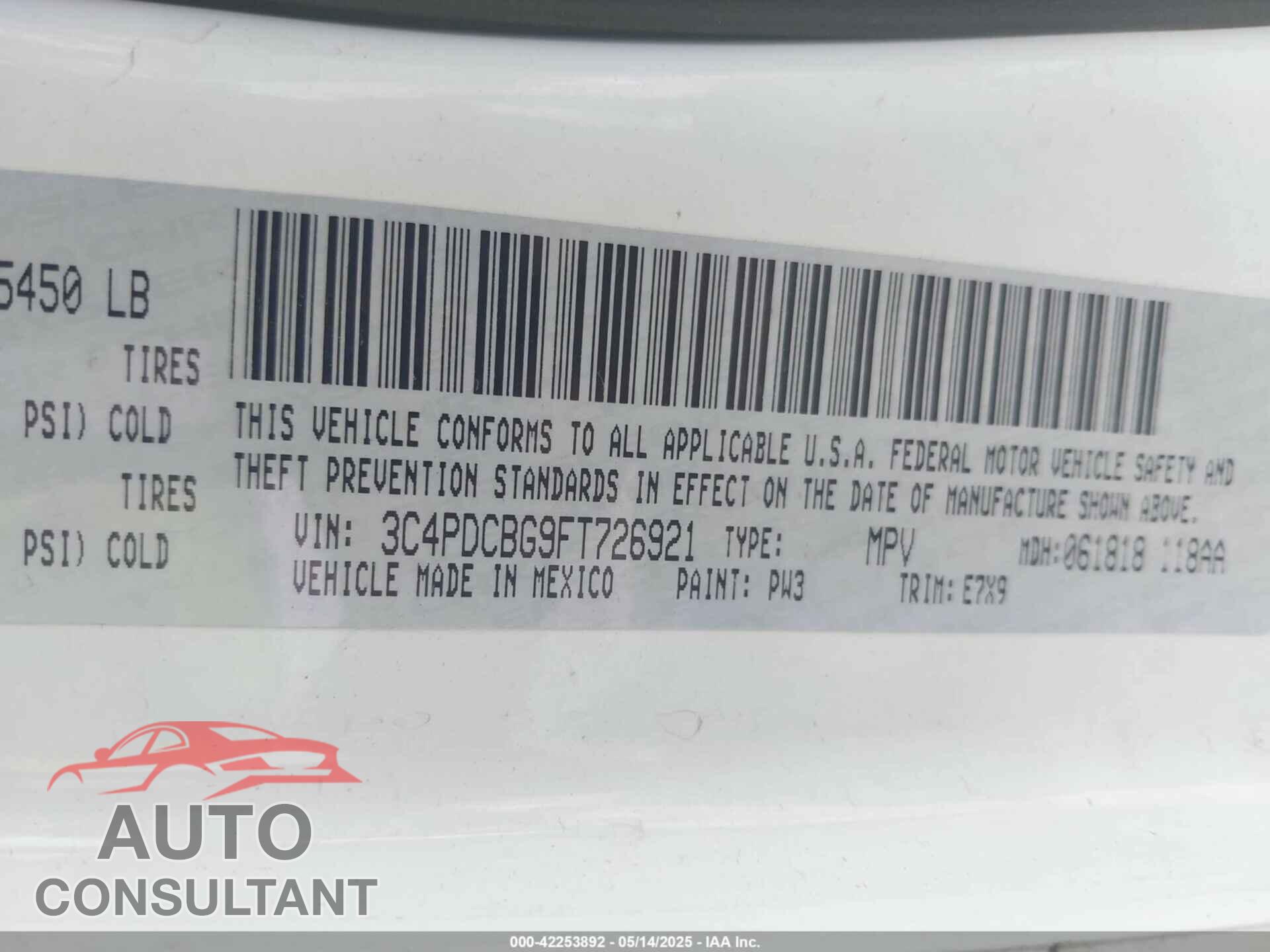 DODGE JOURNEY 2015 - 3C4PDCBG9FT726921