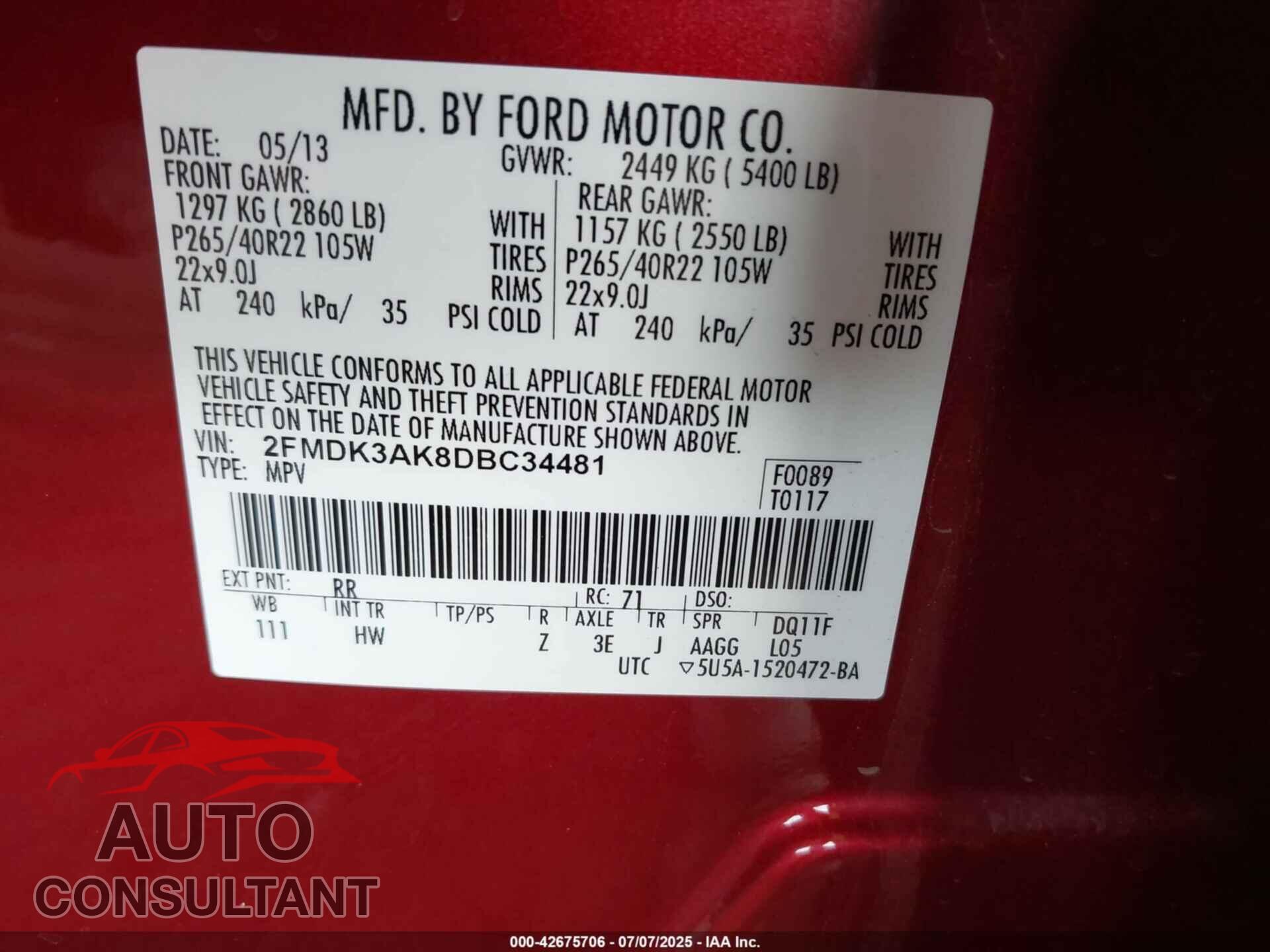 FORD EDGE 2013 - 2FMDK3AK8DBC34481