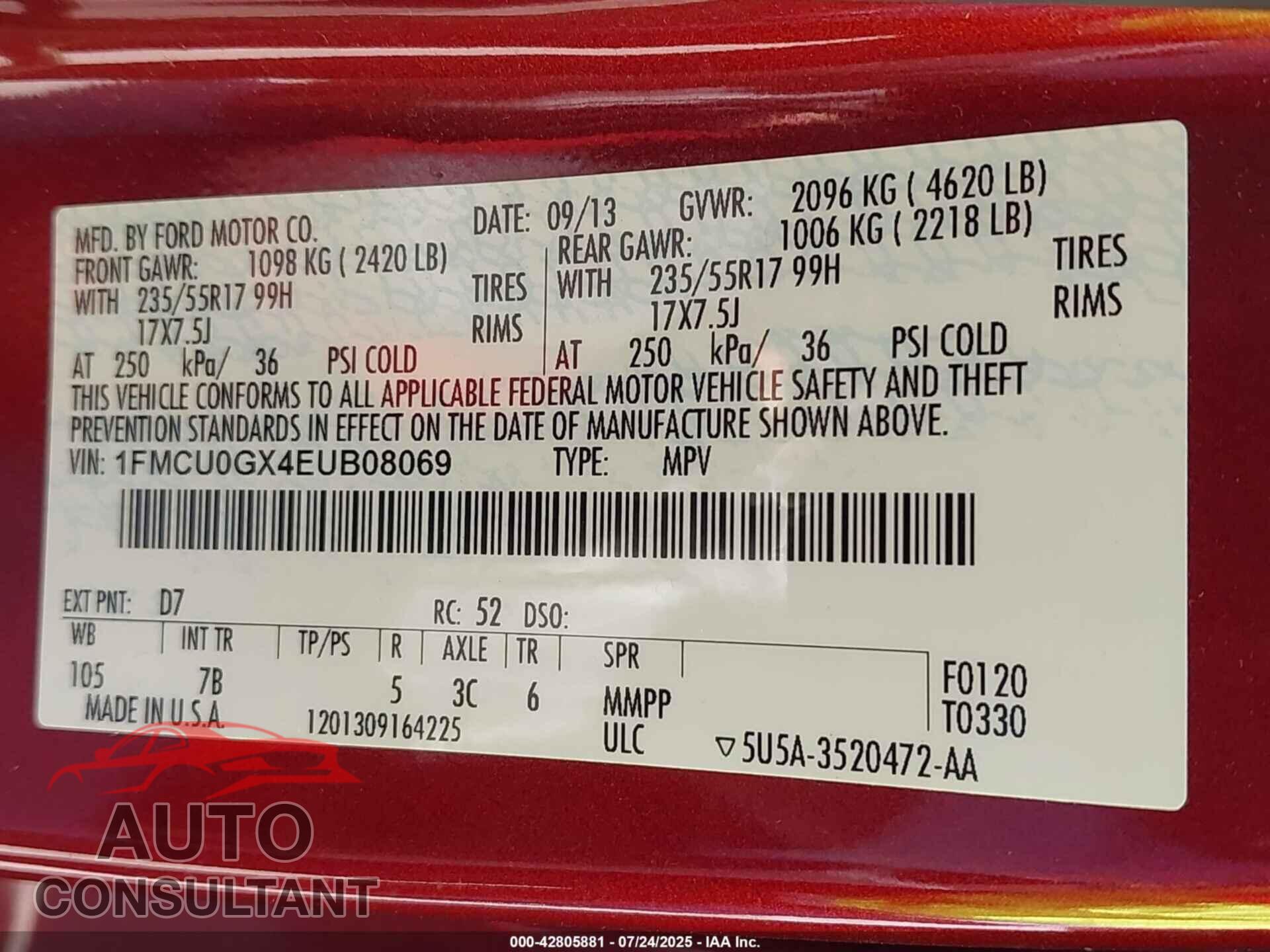 FORD ESCAPE 2014 - 1FMCU0GX4EUB08069