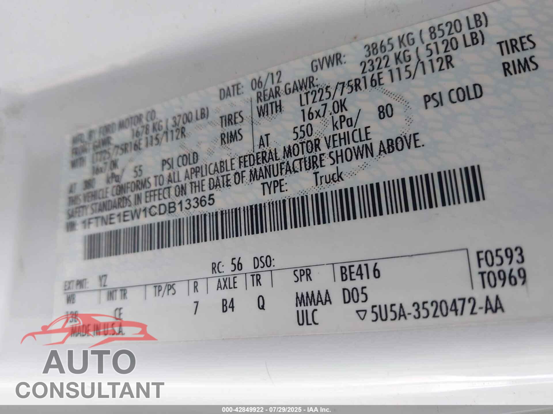 FORD E-150 2012 - 1FTNE1EW1CDB13365
