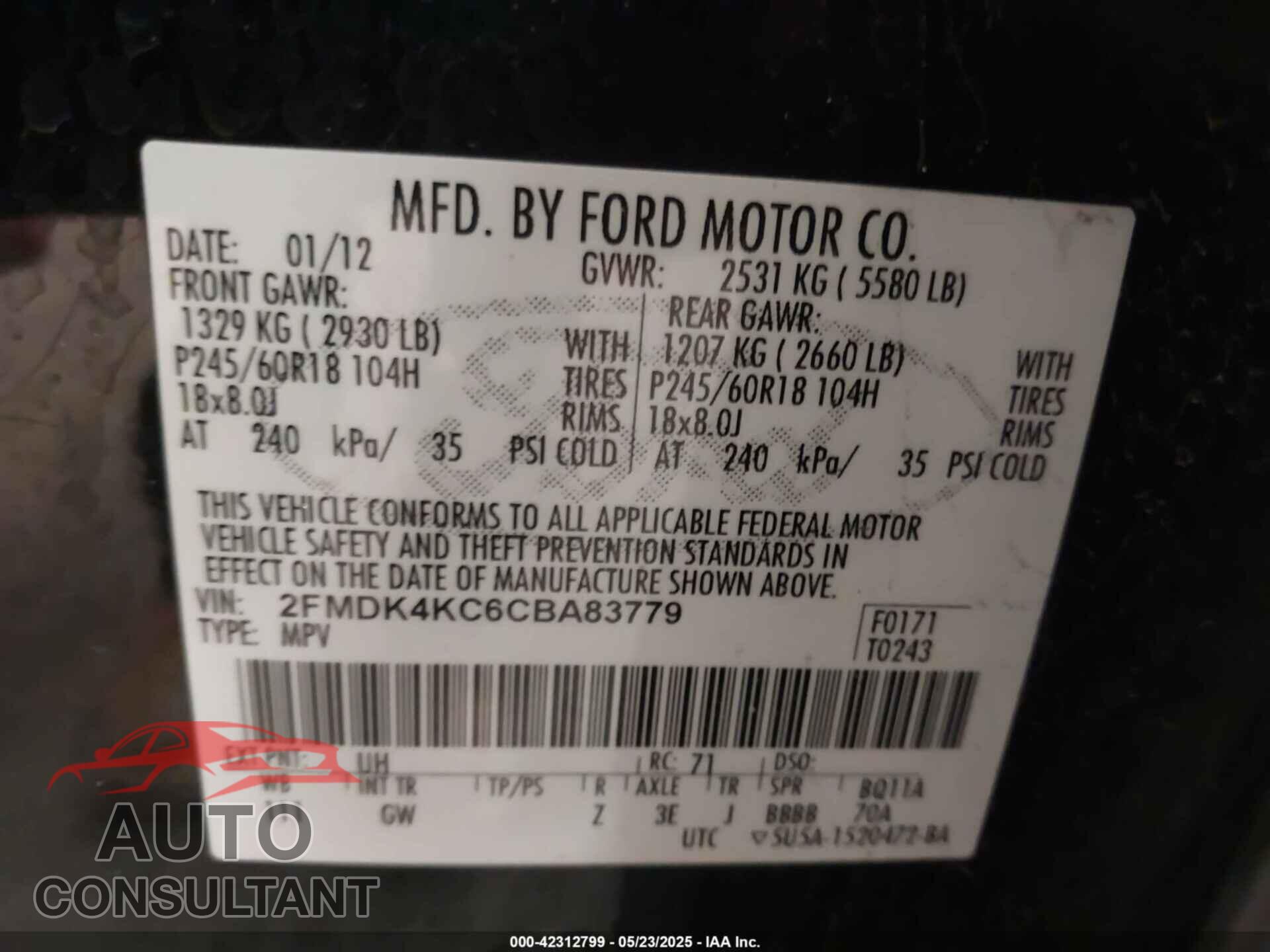 FORD EDGE 2012 - 2FMDK4KC6CBA83779