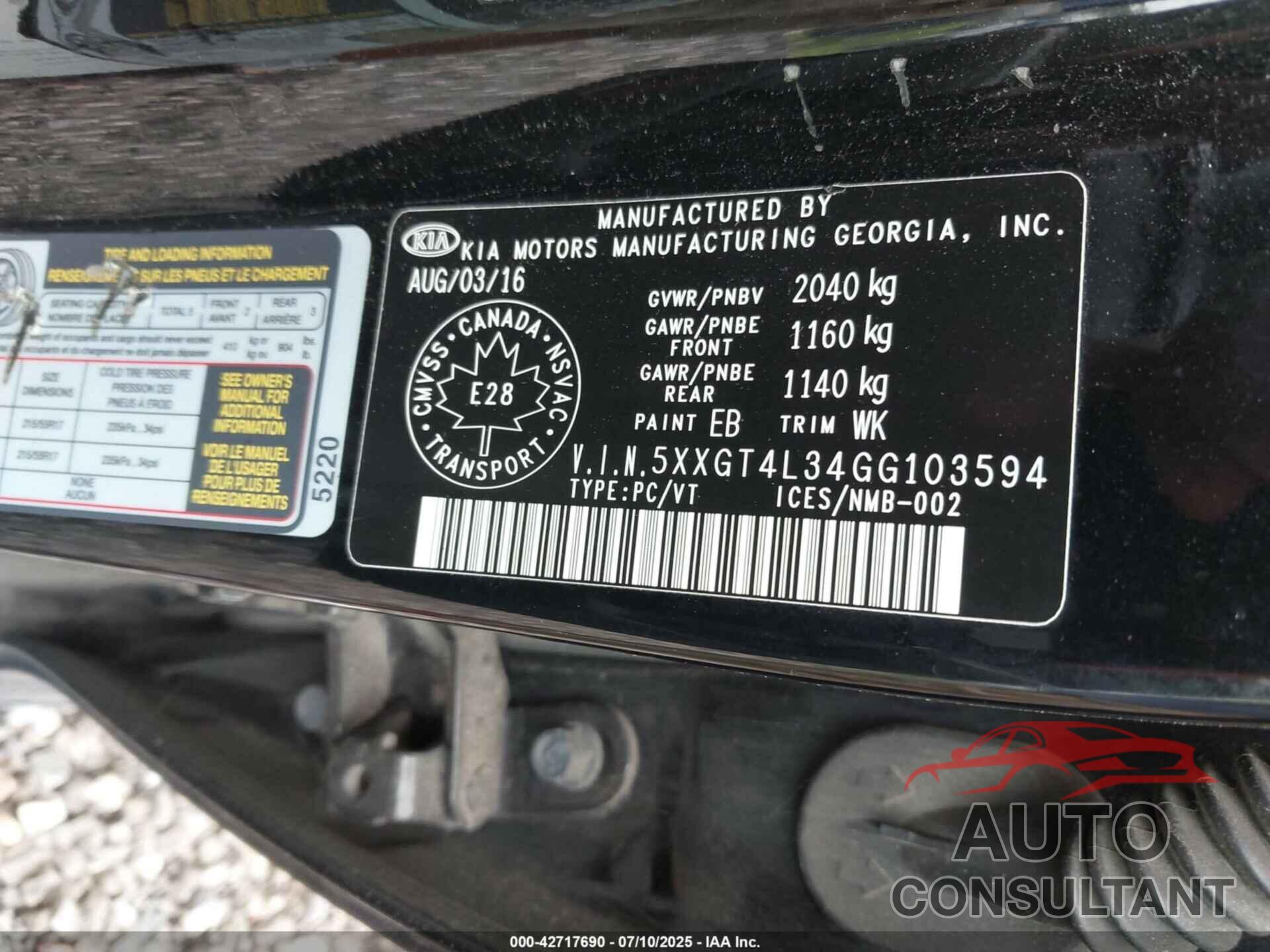 KIA OPTIMA 2016 - 5XXGT4L34GG103594