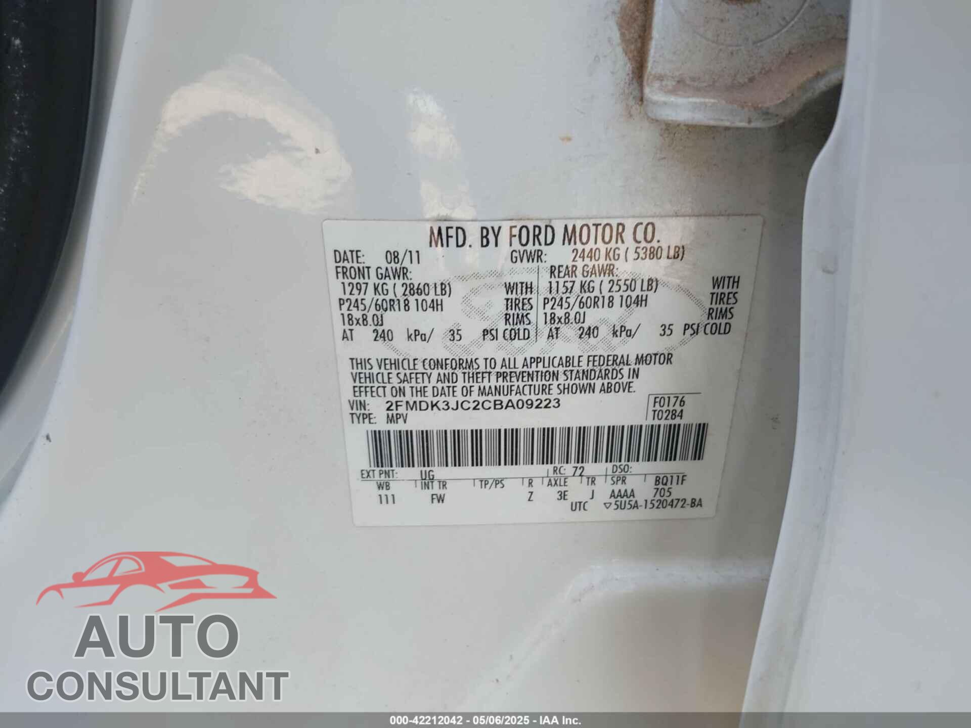 FORD EDGE 2012 - 2FMDK3JC2CBA09223