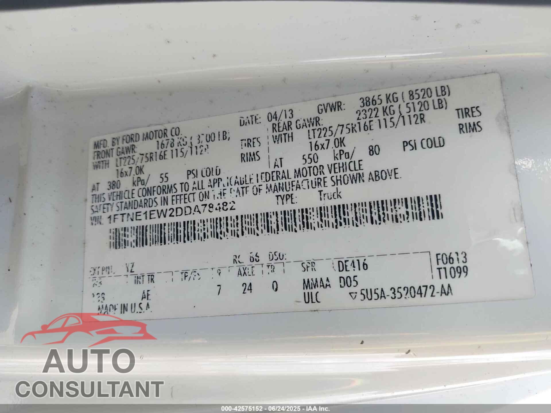 FORD E-150 2013 - 1FTNE1EW2DDA78482