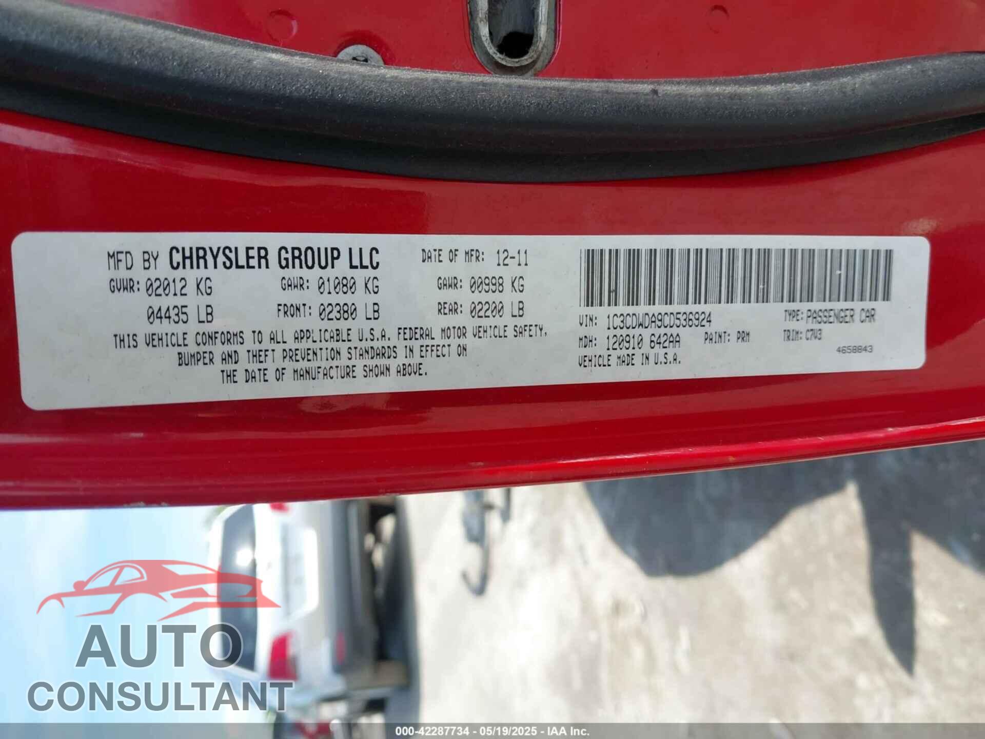 DODGE CALIBER 2012 - 1C3CDWDA9CD536924