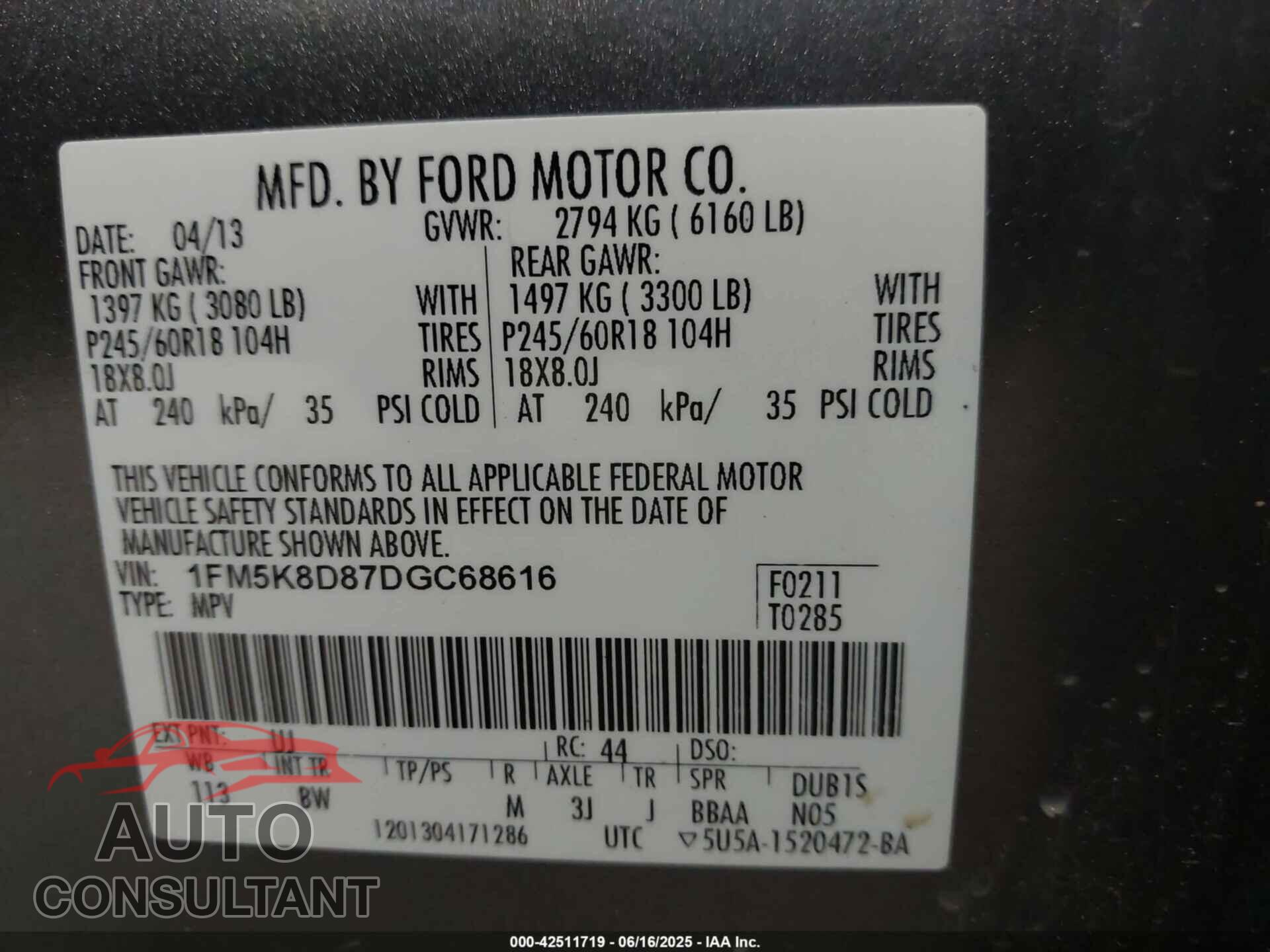 FORD EXPLORER 2013 - 1FM5K8D87DGC68616