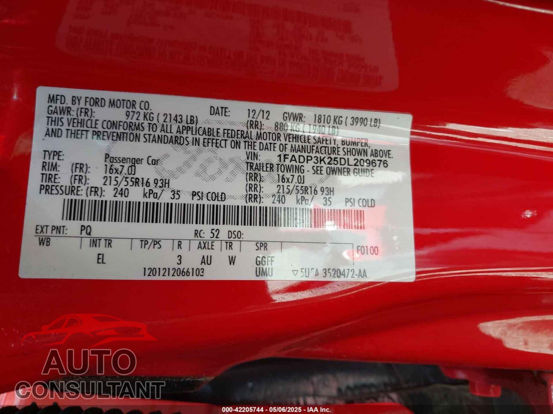 FORD FOCUS 2013 - 1FADP3K25DL209676