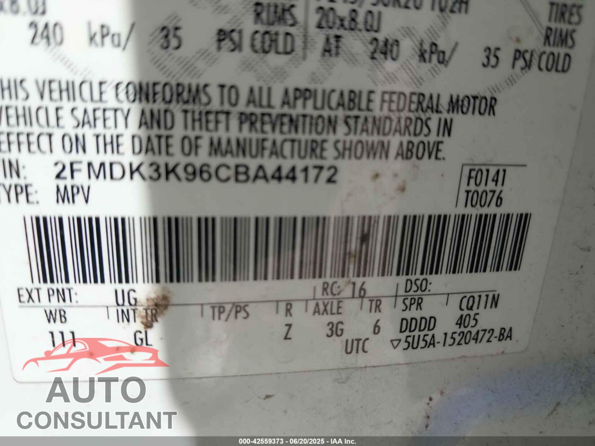 FORD EDGE 2012 - 2FMDK3K96CBA44172