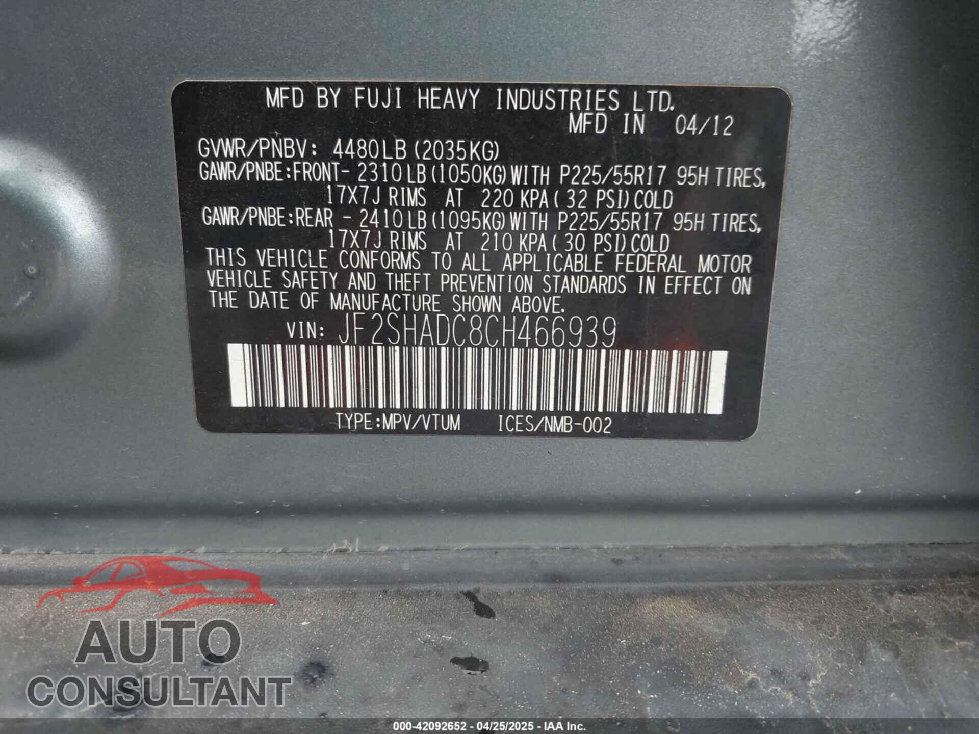 SUBARU FORESTER 2012 - JF2SHADC8CH466939