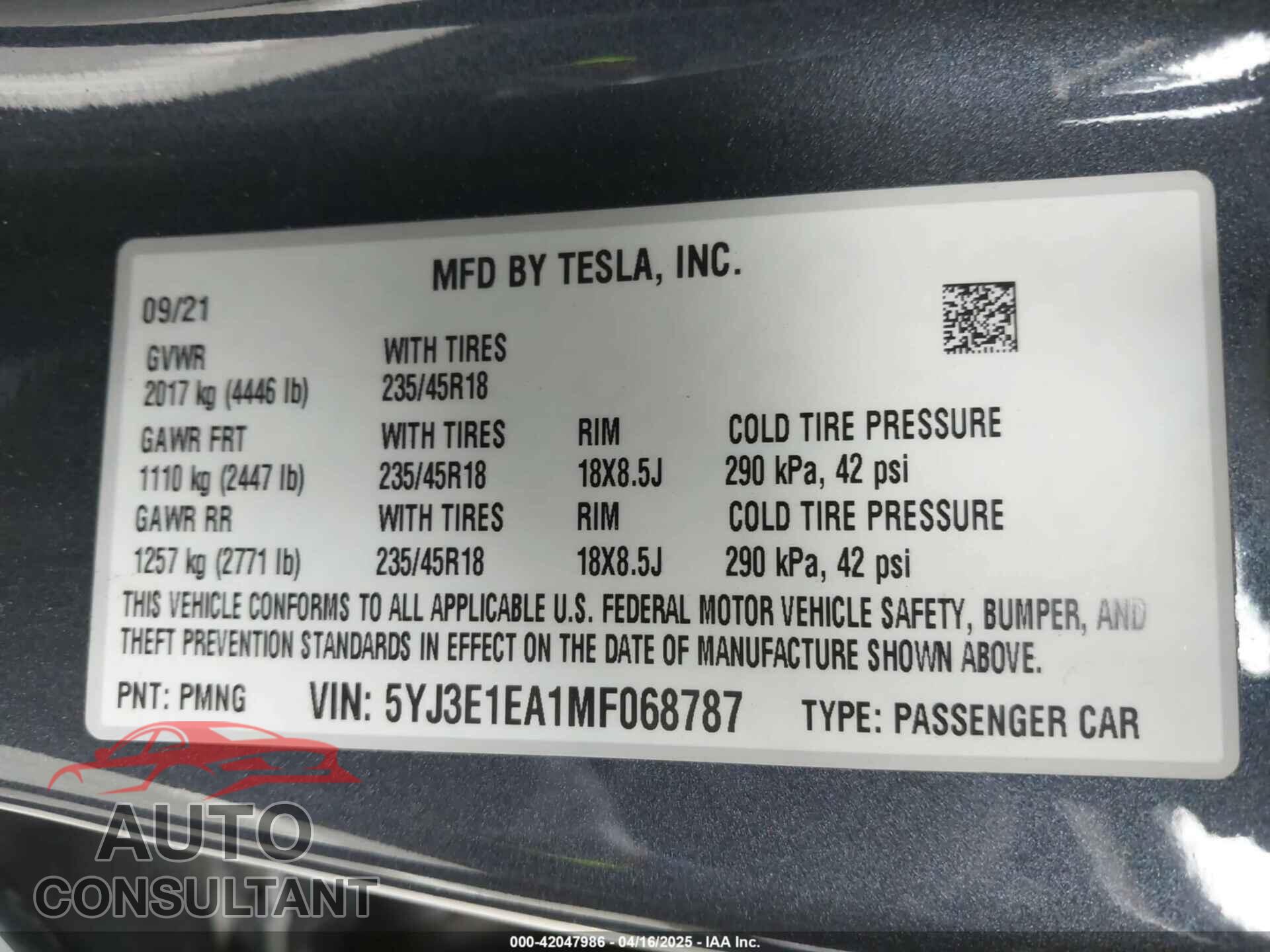 TESLA MODEL 3 2021 - 5YJ3E1EA1MF068787